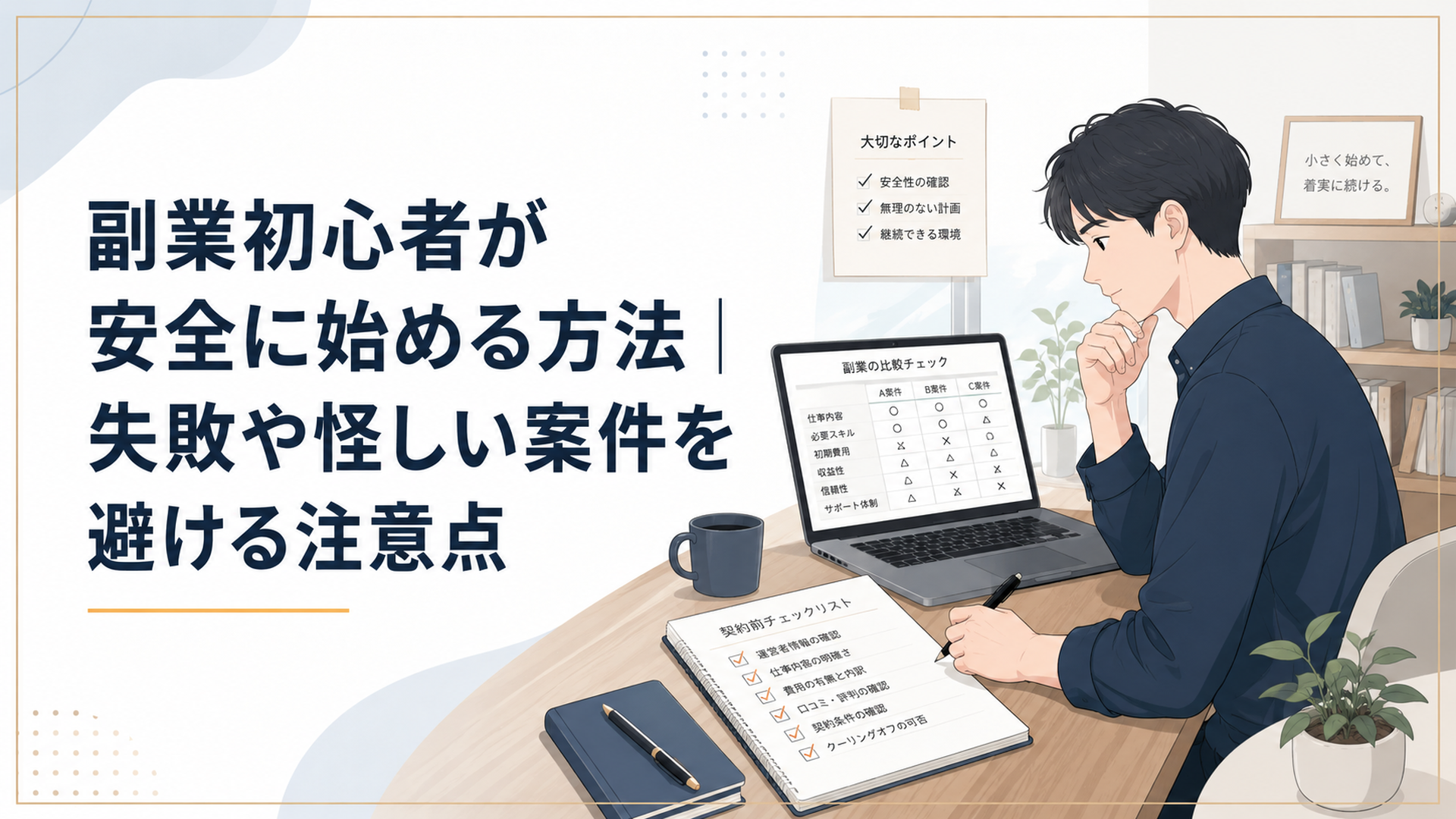 自宅の机でノートパソコンと契約チェックリストを見ながら、副業案件を冷静に比較する会社員