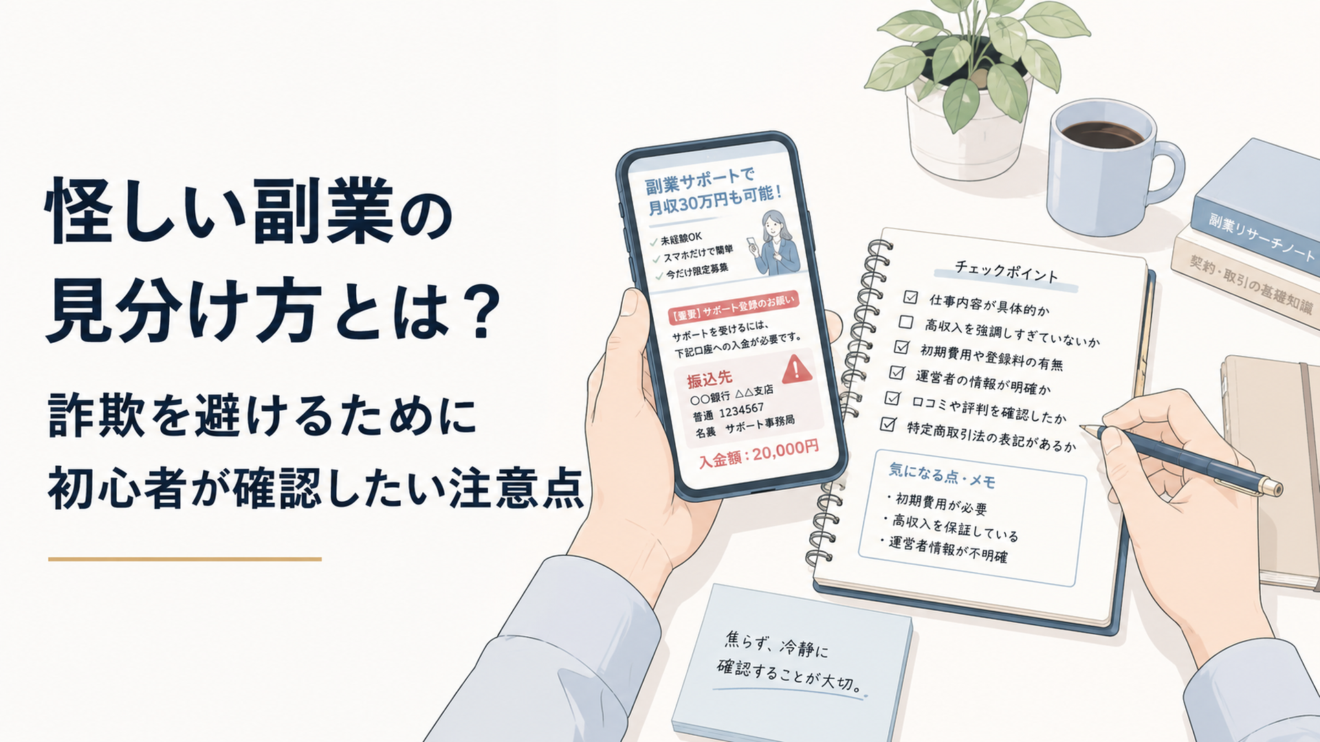 スマホに表示された副業広告と不審な送金依頼を確認しながら、契約内容をノートに整理する会社員の手元