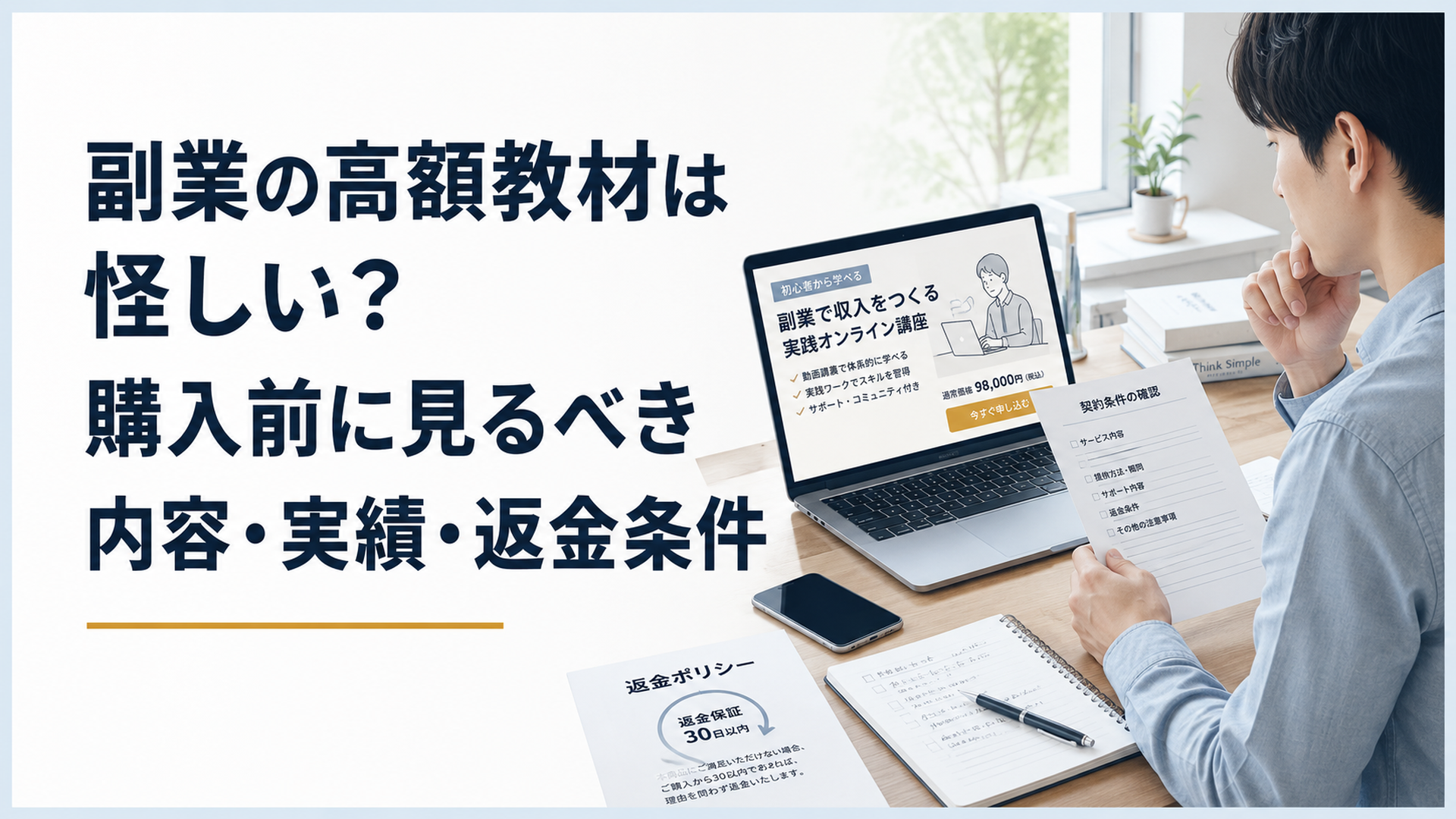 副業の高額教材の販売ページ、契約条件、返金規約を机の上で冷静に確認する初心者、朝の自然光
