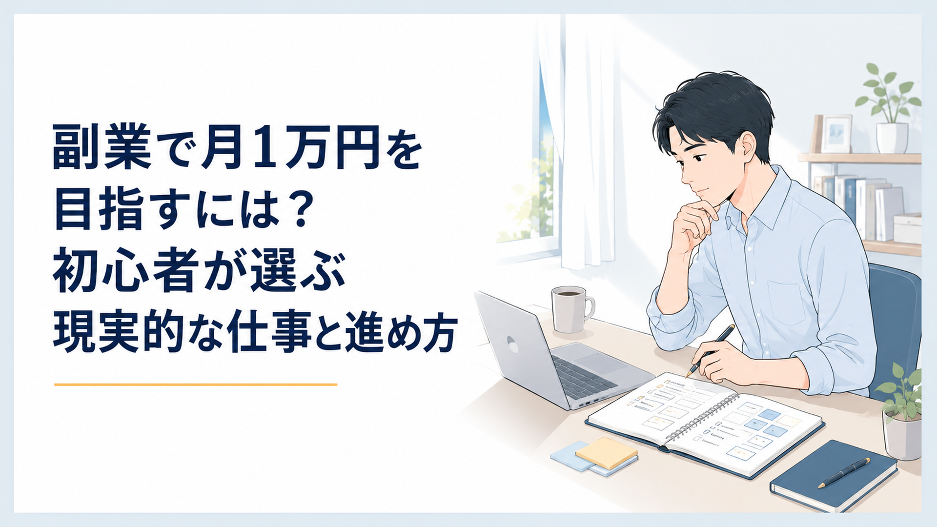 自宅の机でノートパソコンと手帳を開き、副業の候補を静かに比較する会社員