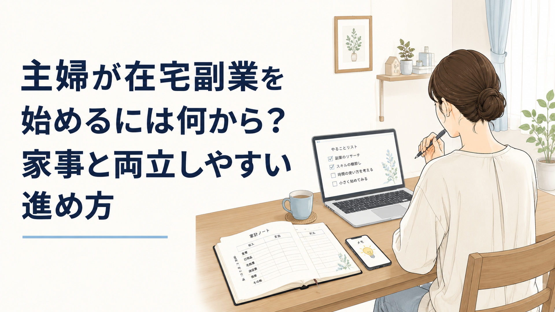 自宅のダイニングテーブルでノートPC、家計簿、スマートフォンを並べ、在宅副業の計画を静かに立てる主婦の後ろ姿