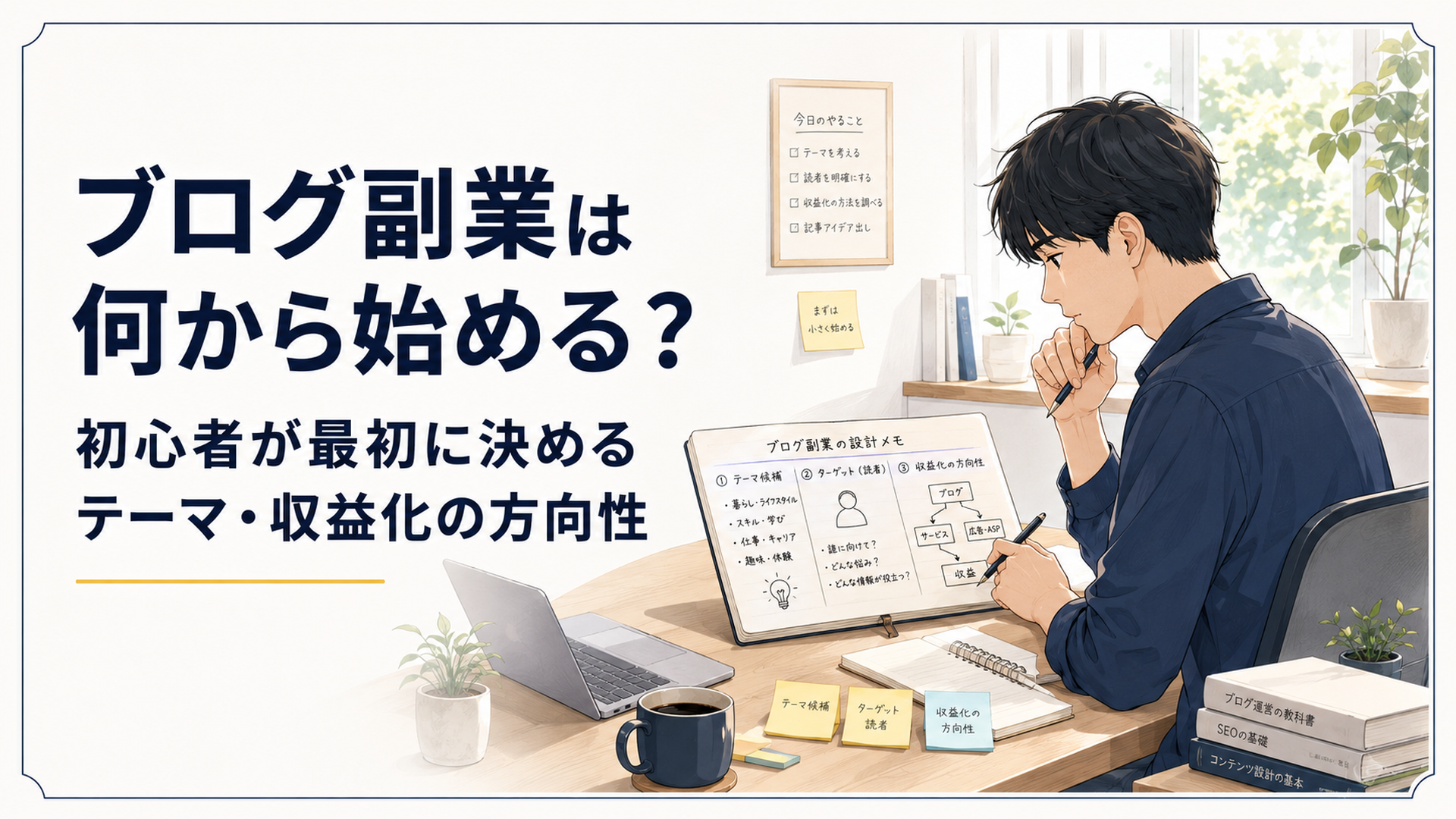 自宅の机でブログ副業のテーマ、読者像、収益化の流れをノートに整理する会社員。朝の自然光が入る静かなホームオフィス