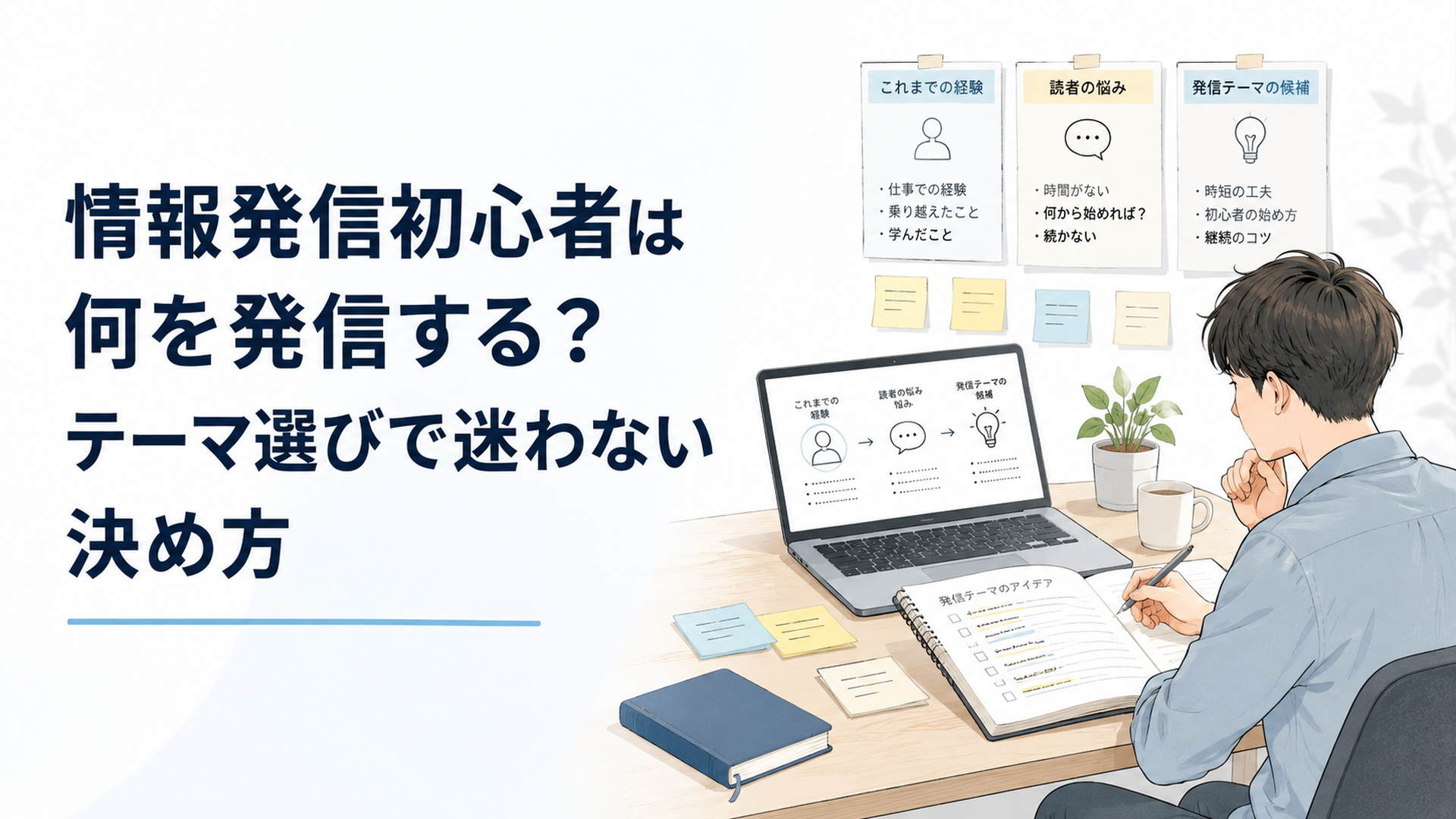 ノートPCの前で過去の経験、読者の悩み、発信テーマ候補を書き出しながら情報発信の方向性を整理する初心者の作業風景