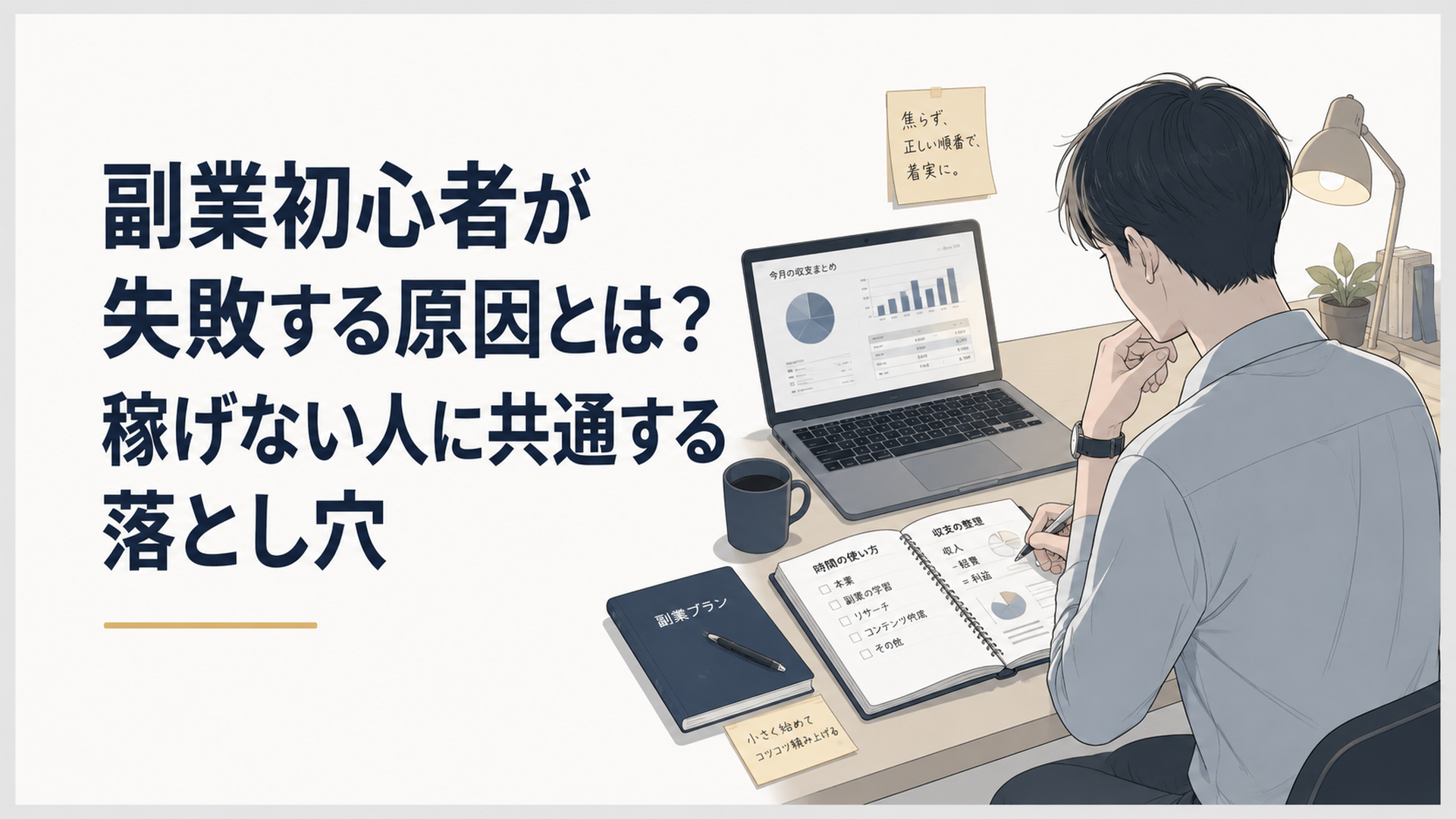 仕事終わりの静かな部屋で、ノートPCと手帳を前に副業の時間と収支を整理する会社員