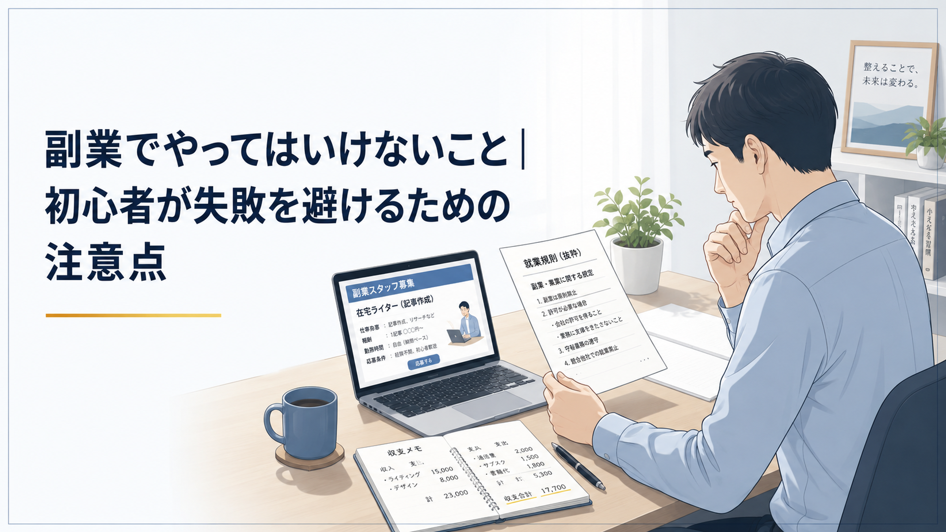 自宅の机で副業の募集ページと就業規則、収支メモを慎重に確認する会社員