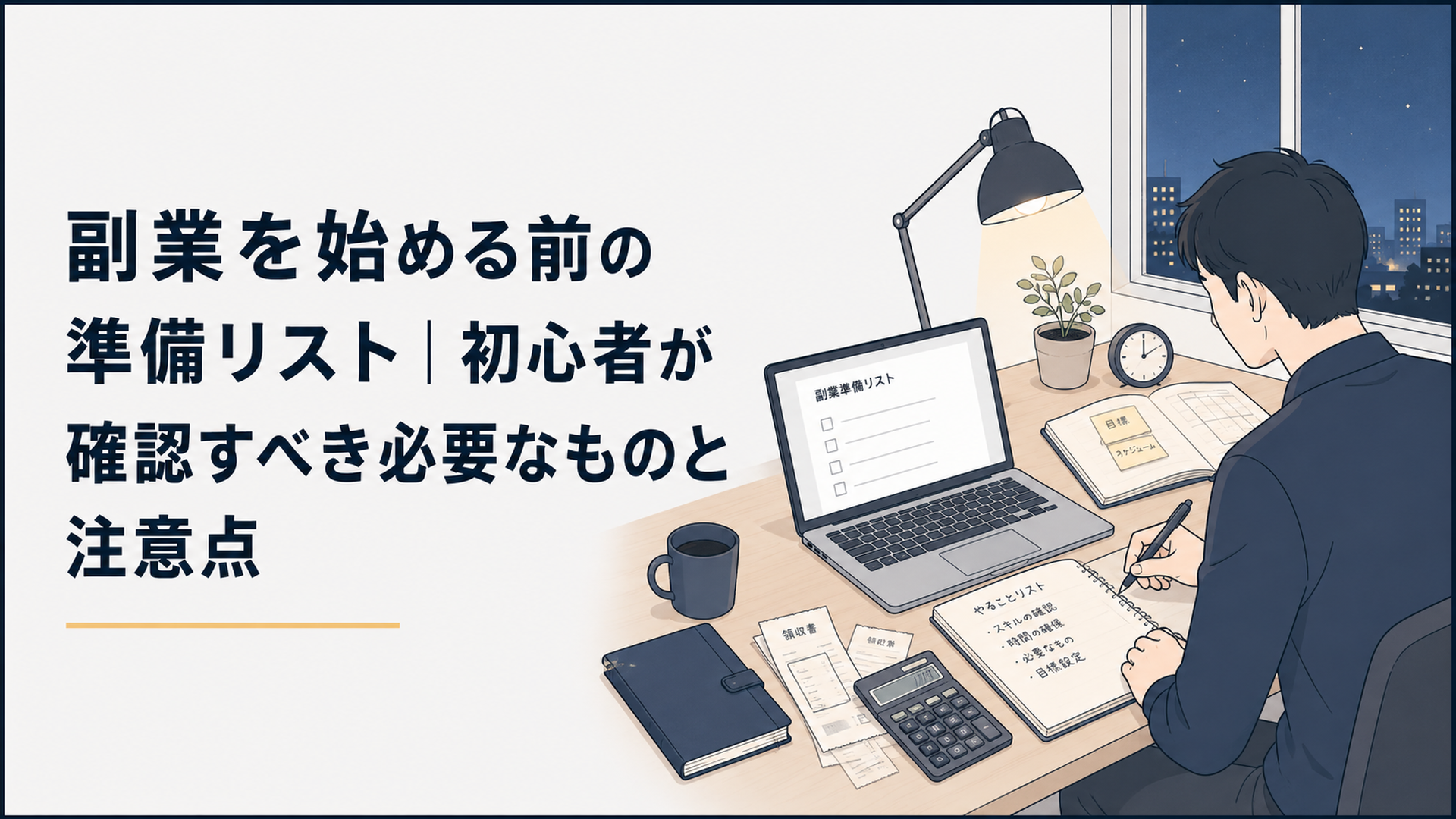 夜の自宅デスクでノートPC、手帳、電卓、領収書を並べて副業準備を進める会社員