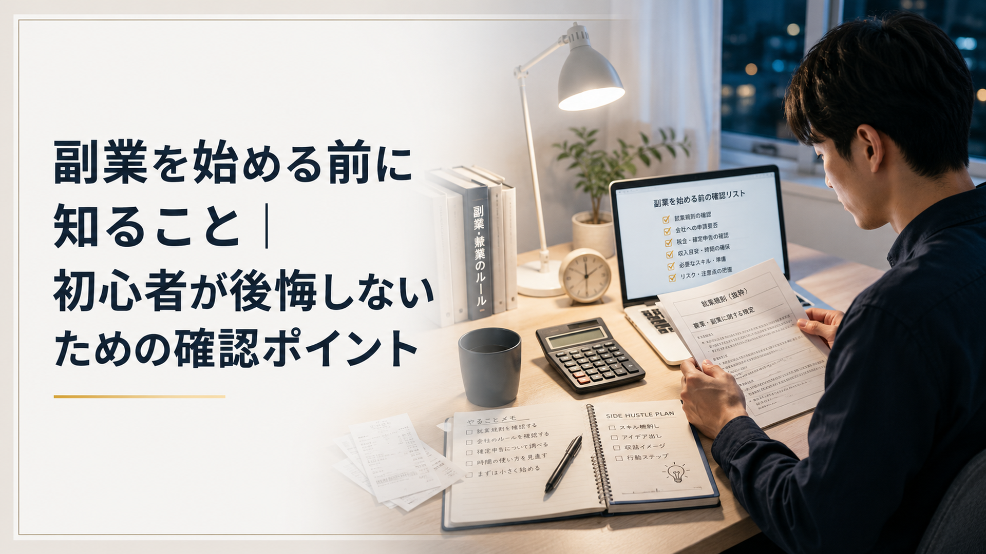 夜の静かな自宅デスクで就業規則、電卓、ノートパソコン、領収書を広げ、副業開始前の確認事項を整理する会社員の写真風景