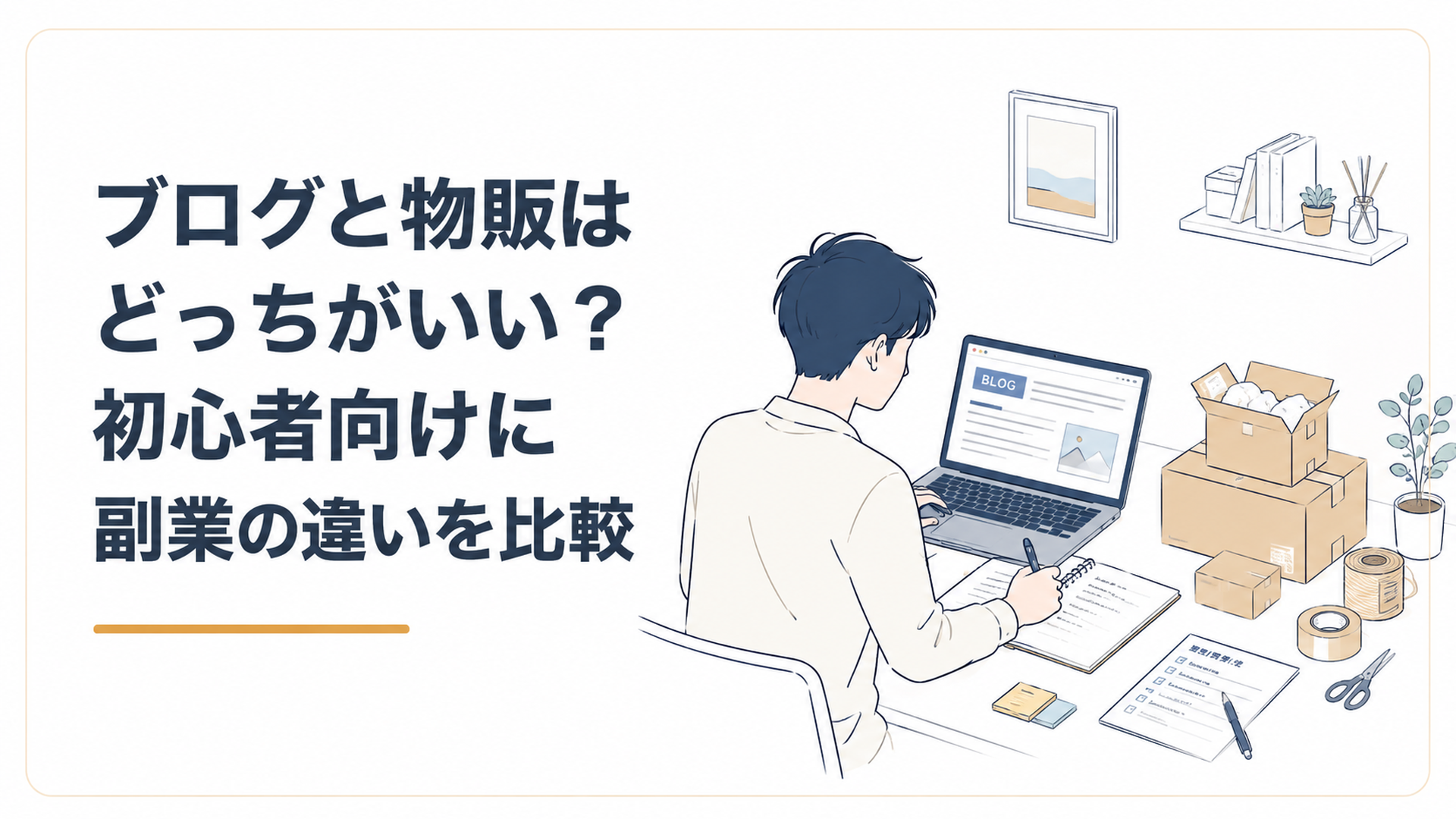 ノートPCでブログ記事を書きながら、横に梱包用ダンボールと発送用資材が置かれた副業初心者の作業机