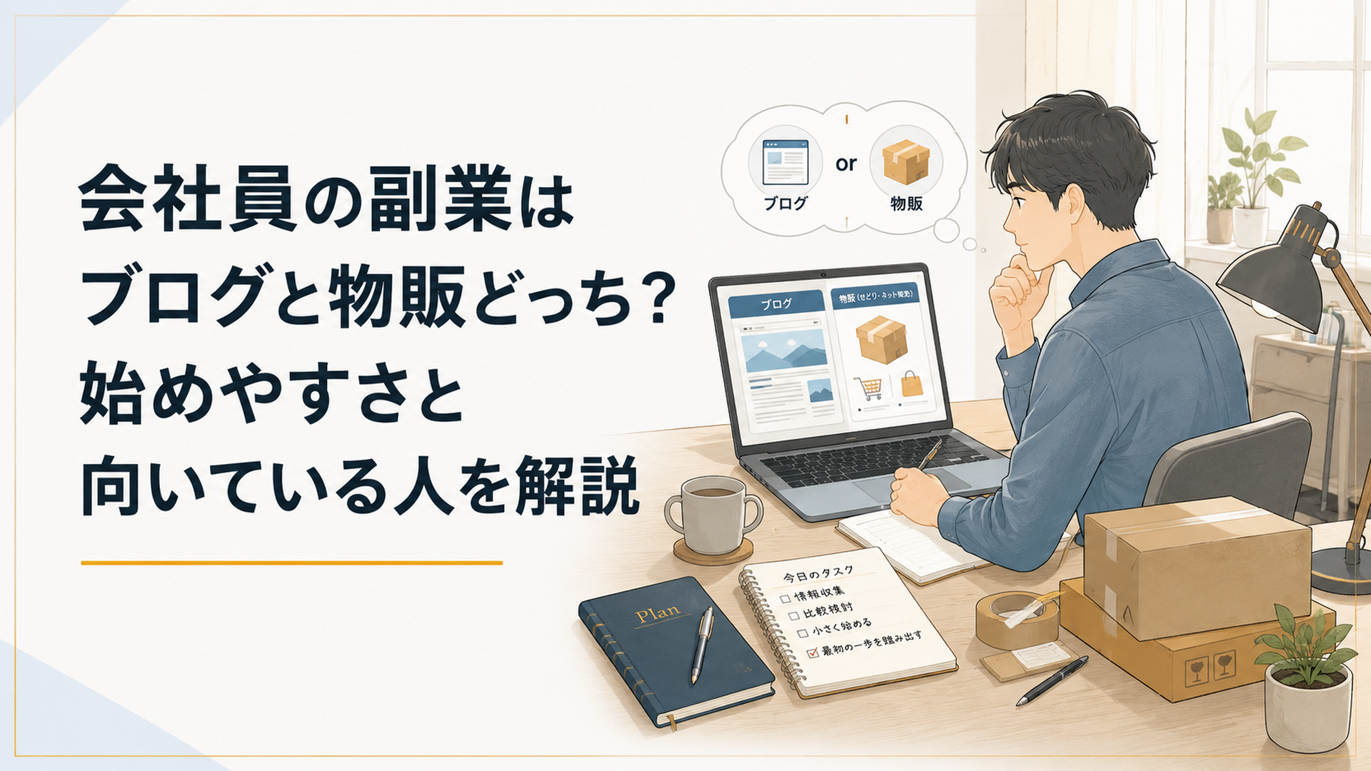 仕事終わりの会社員がノートPCのブログ画面と梱包用の箱を前に、副業の選択肢を静かに比較している自宅デスク