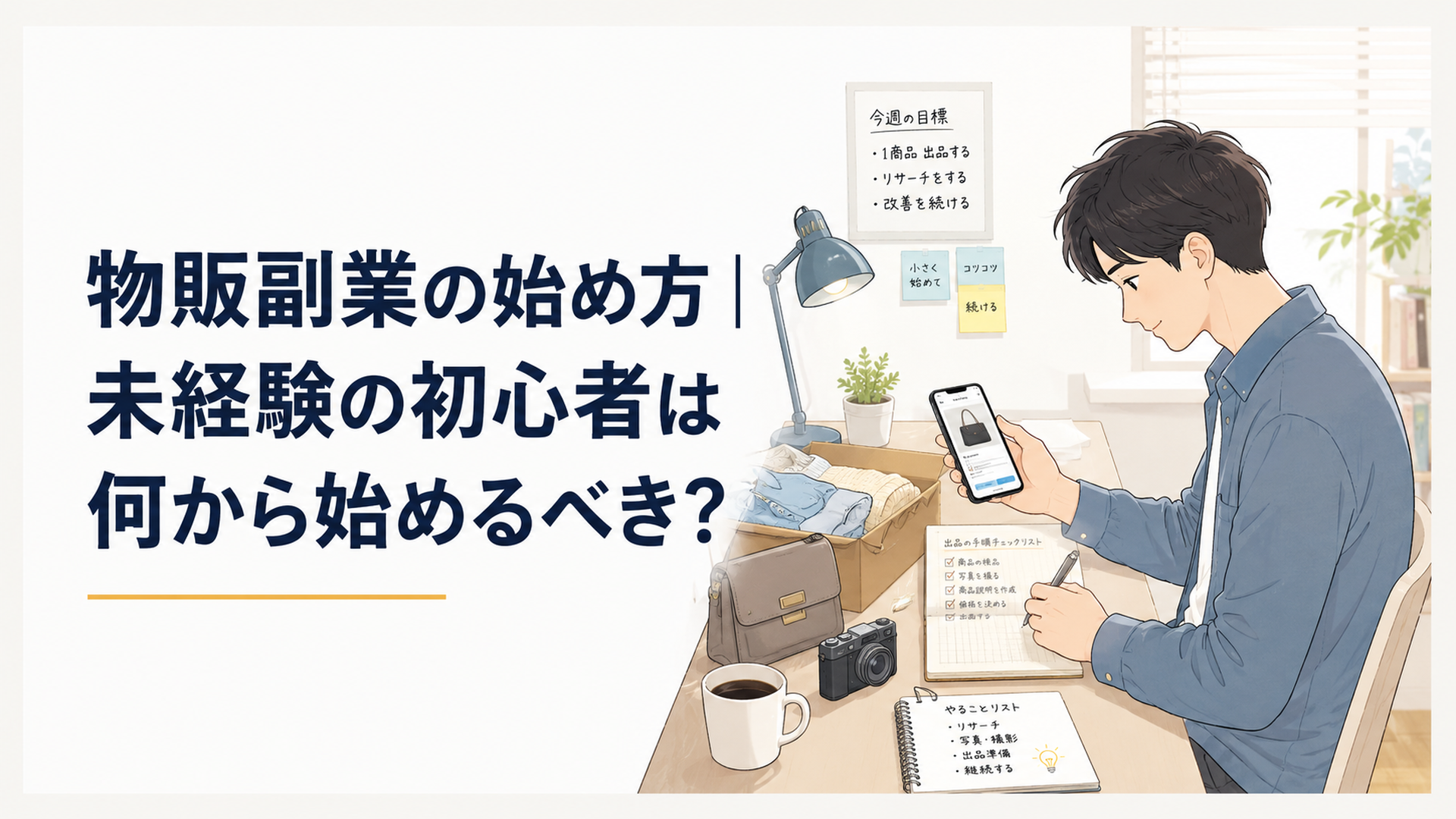 自宅の机でスマホと不用品を前に、物販副業の最初の出品準備を進める初心者
