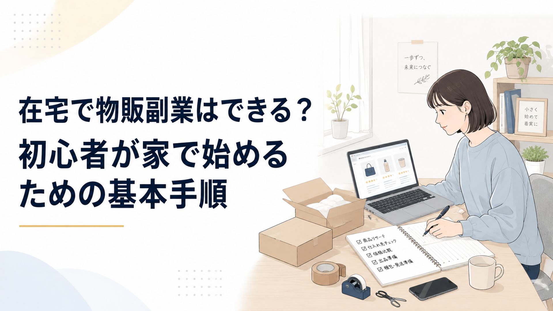 自宅の机で商品リサーチと梱包準備をする初心者の在宅物販副業イメージ