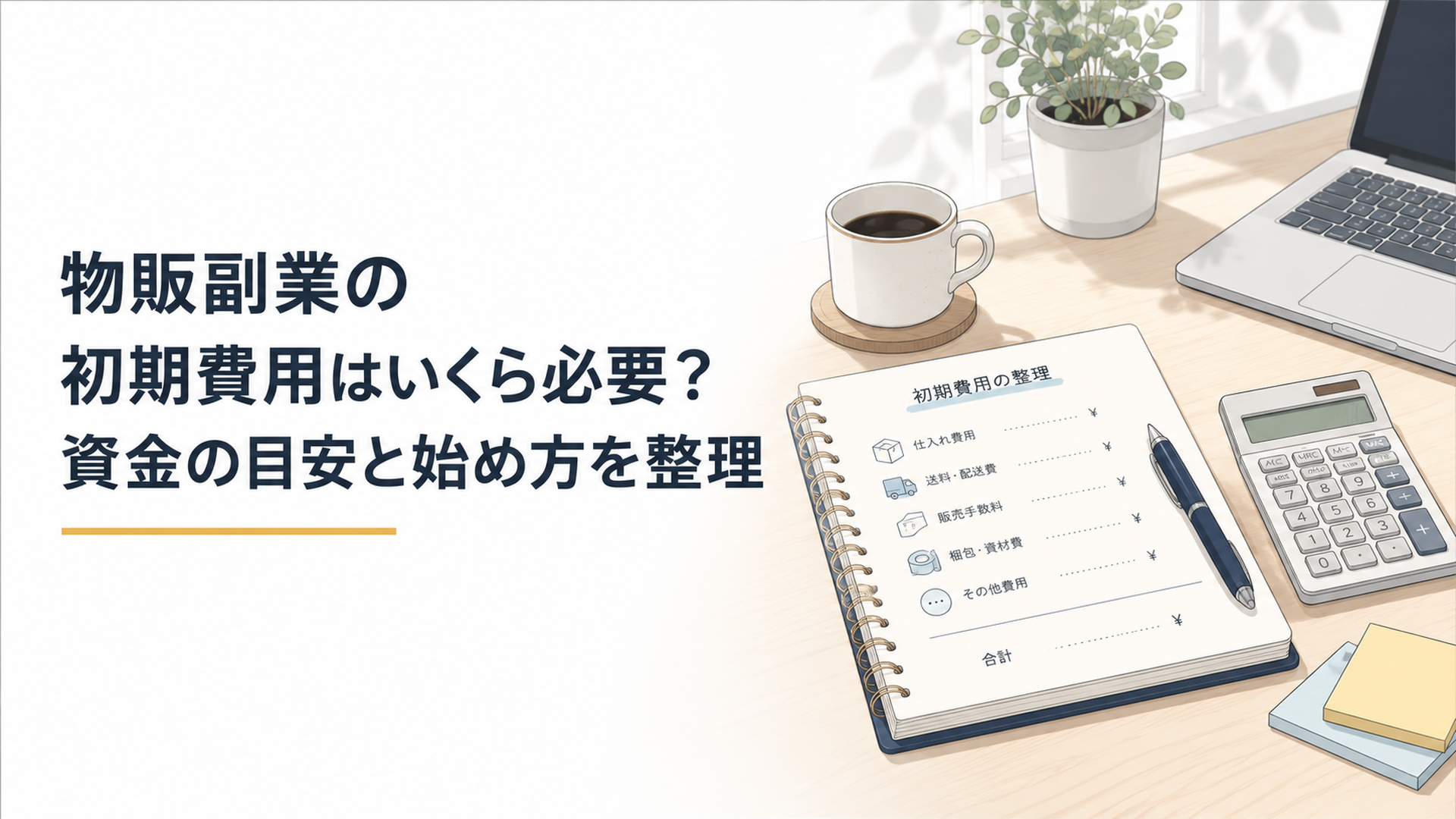 物販副業の初期費用をノートと電卓で整理している机の上