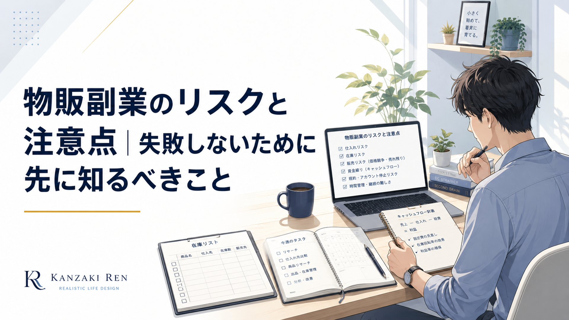 物販副業のリスクを調べる初心者がノートパソコンで在庫と資金繰りを確認している静かな作業風景