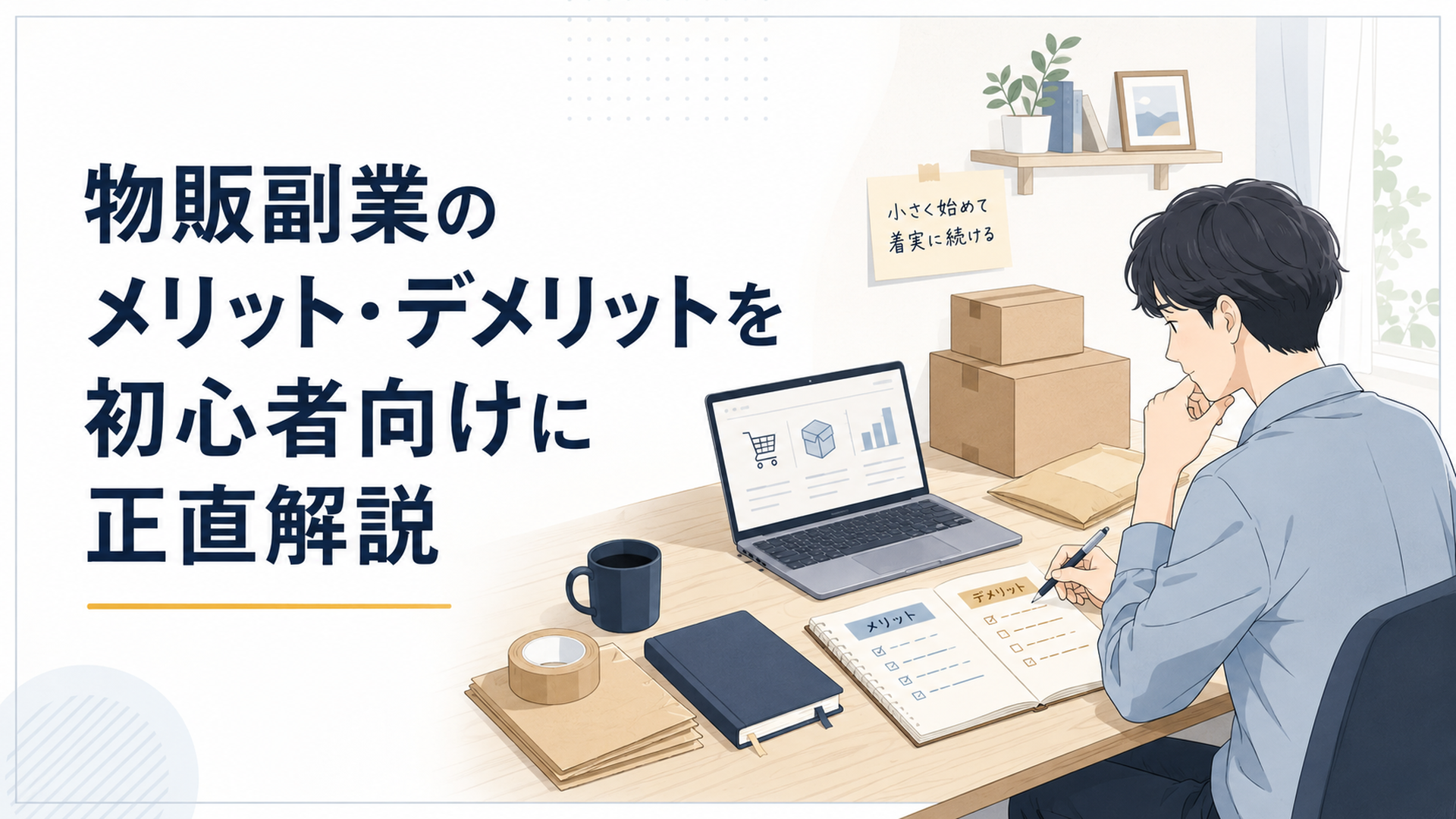 自宅の机でノートPCと梱包材を前に物販副業のメリットとデメリットを比較している初心者