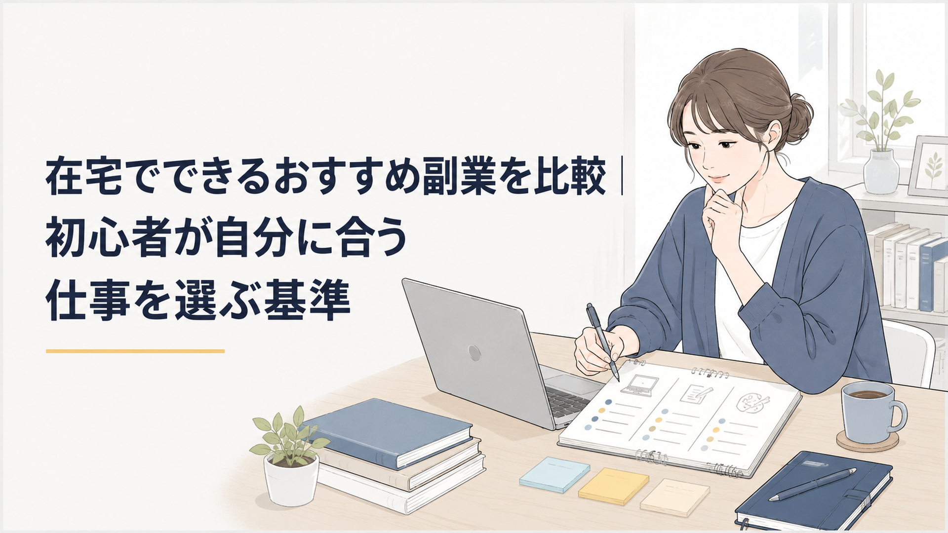 自宅の明るいデスクでノートパソコンとノートを使い、在宅でできる副業を比較している初心者の作業風景