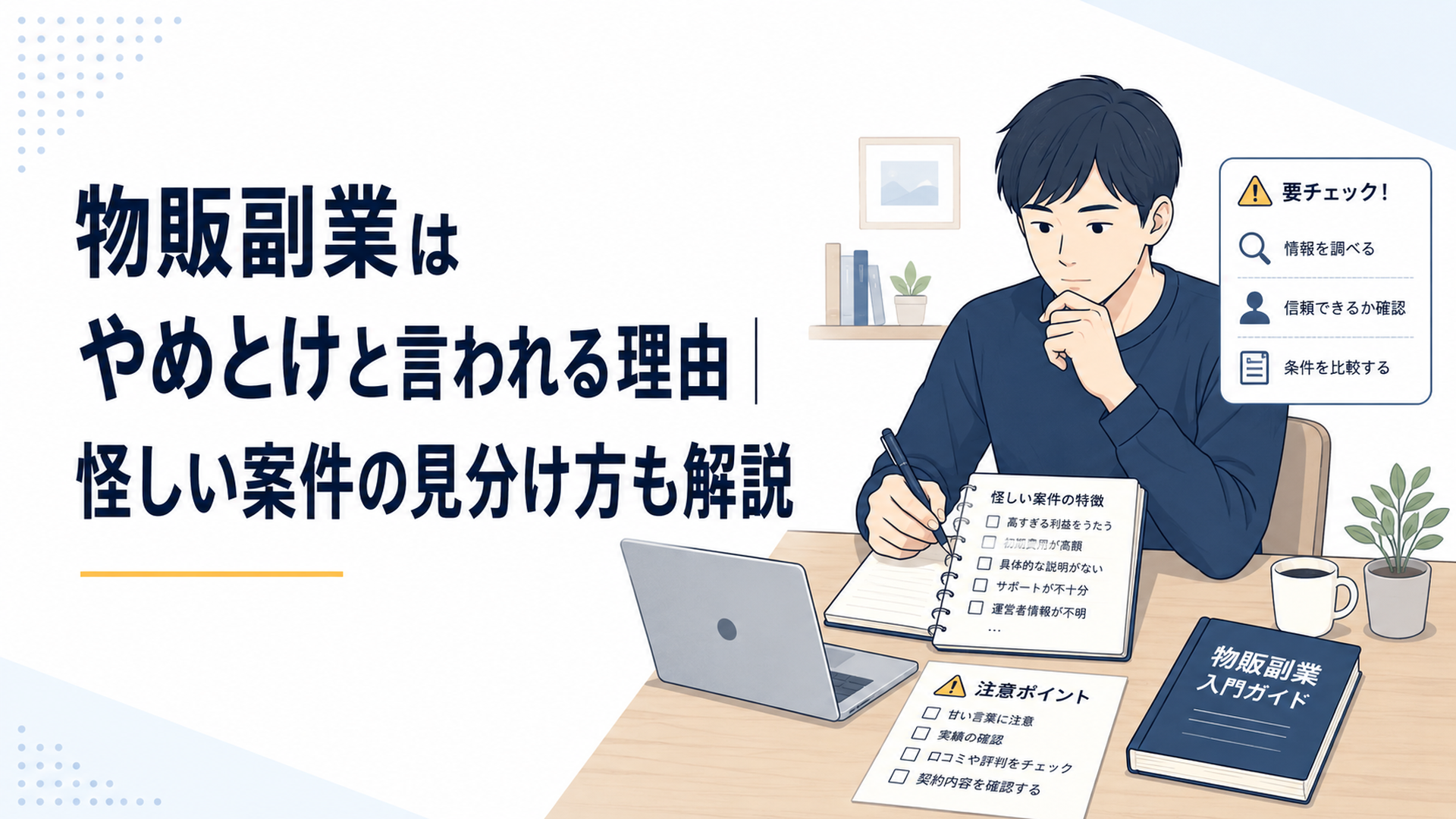 物販副業の注意喚起を確認しながらノートに危険な案件の特徴を書き出す初心者