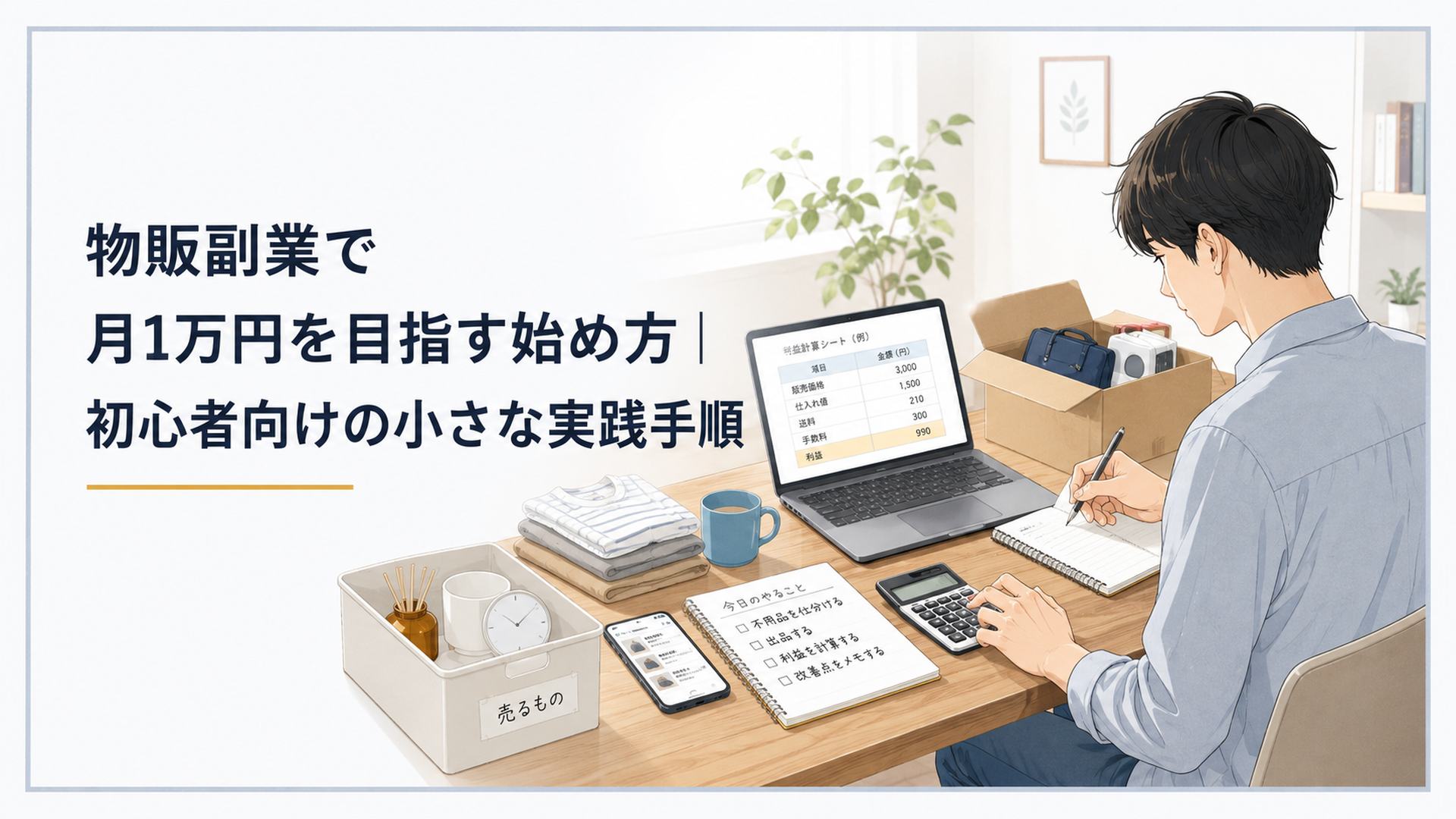 自宅の机で不用品を整理しながら物販副業の利益計算をする初心者