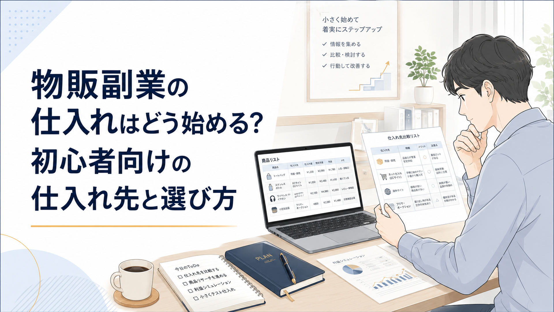 自宅のデスクでノートパソコンと商品リストを見ながら物販副業の仕入れ先を比較する初心者