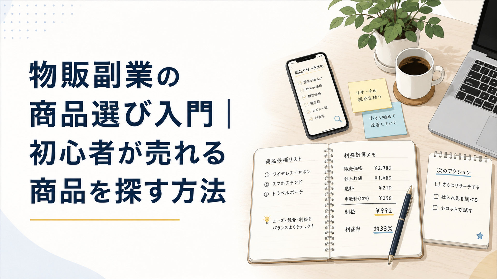 スマホとノートで物販副業の商品選びと利益計算をしている初心者の作業机