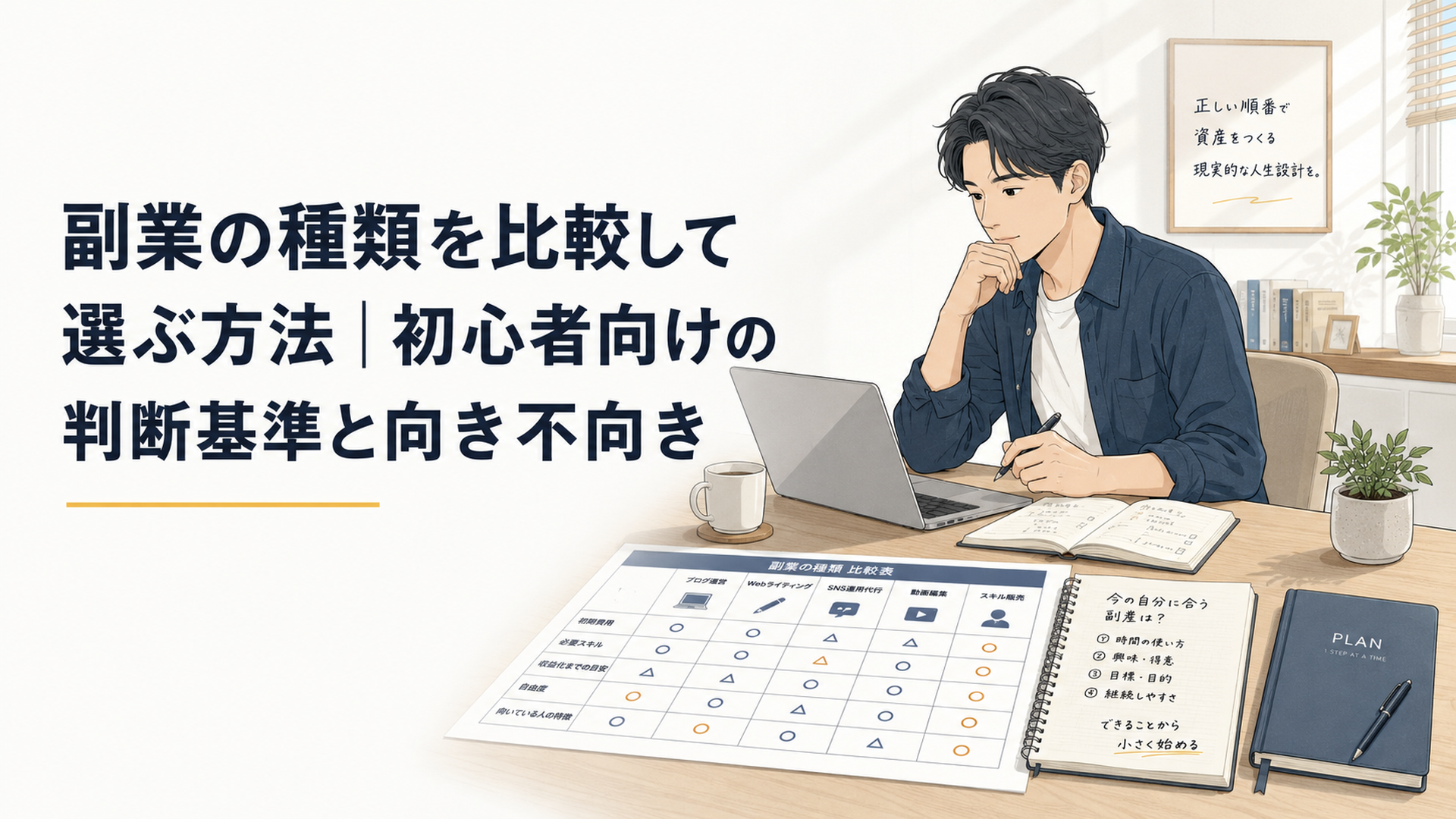 自宅の机でノートPCと副業比較表を見ながら、自分に合う働き方を整理する会社員