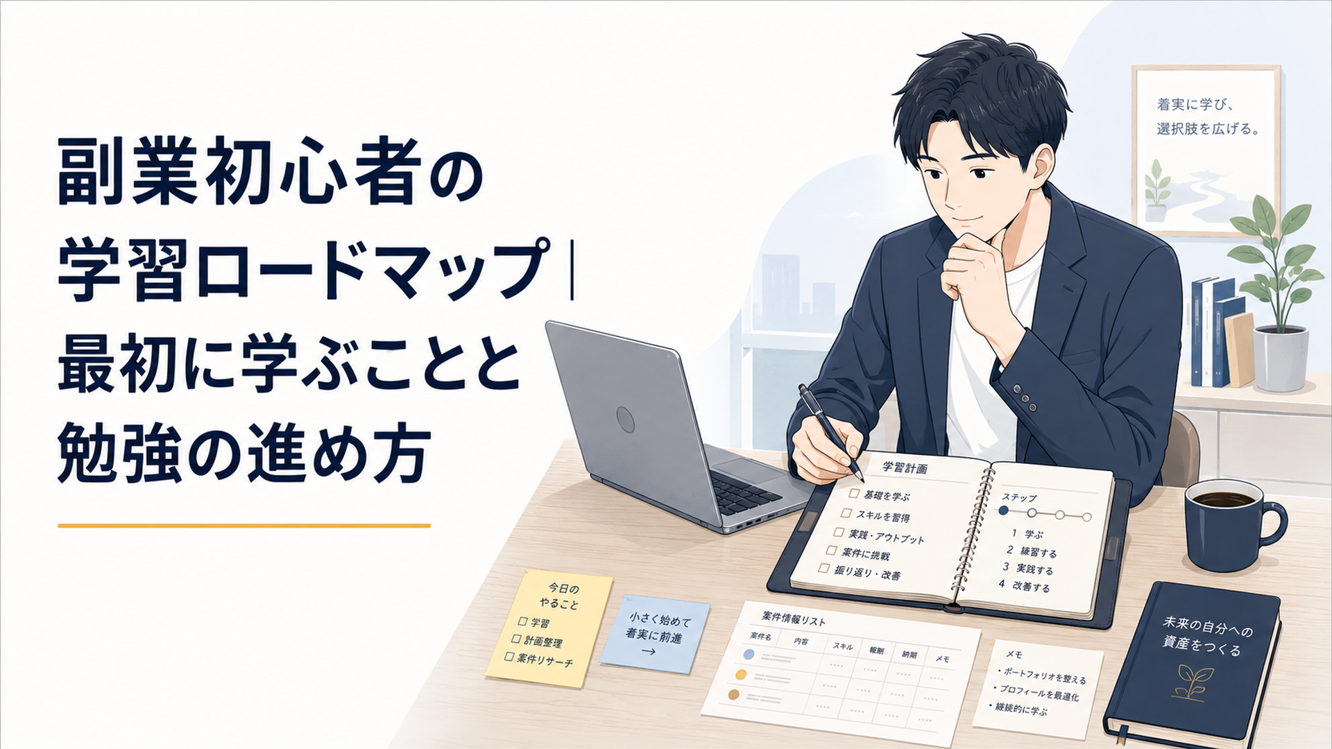 ノートパソコンと手帳を前に、副業の学習計画と案件情報を整理する会社員の静かなデスク