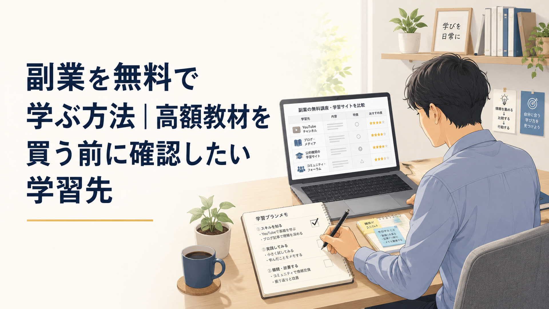 自宅の静かなデスクでノートパソコンとメモを開き、副業の無料講座や学習サイトを比較している会社員