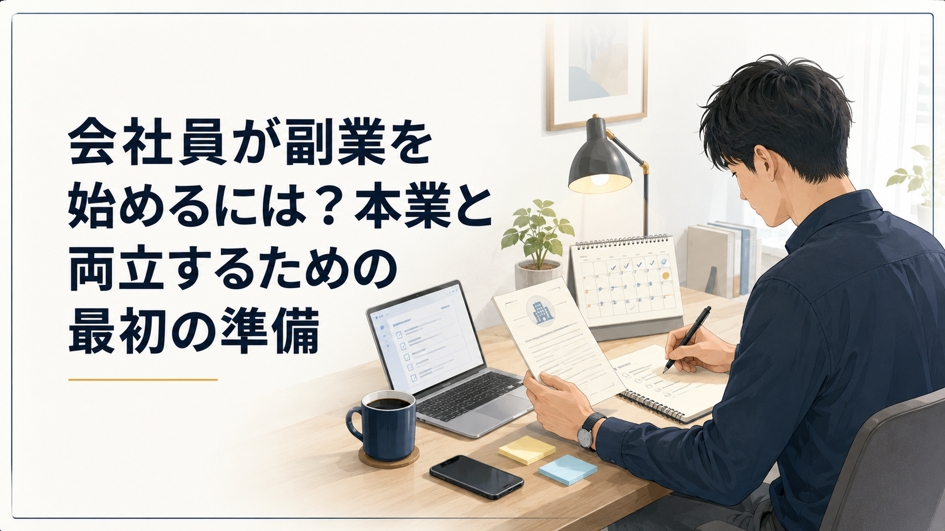 仕事終わりの静かな机で、会社員が就業規則とカレンダーを見ながら副業準備の計画を書いている現実的で落ち着いたシーン