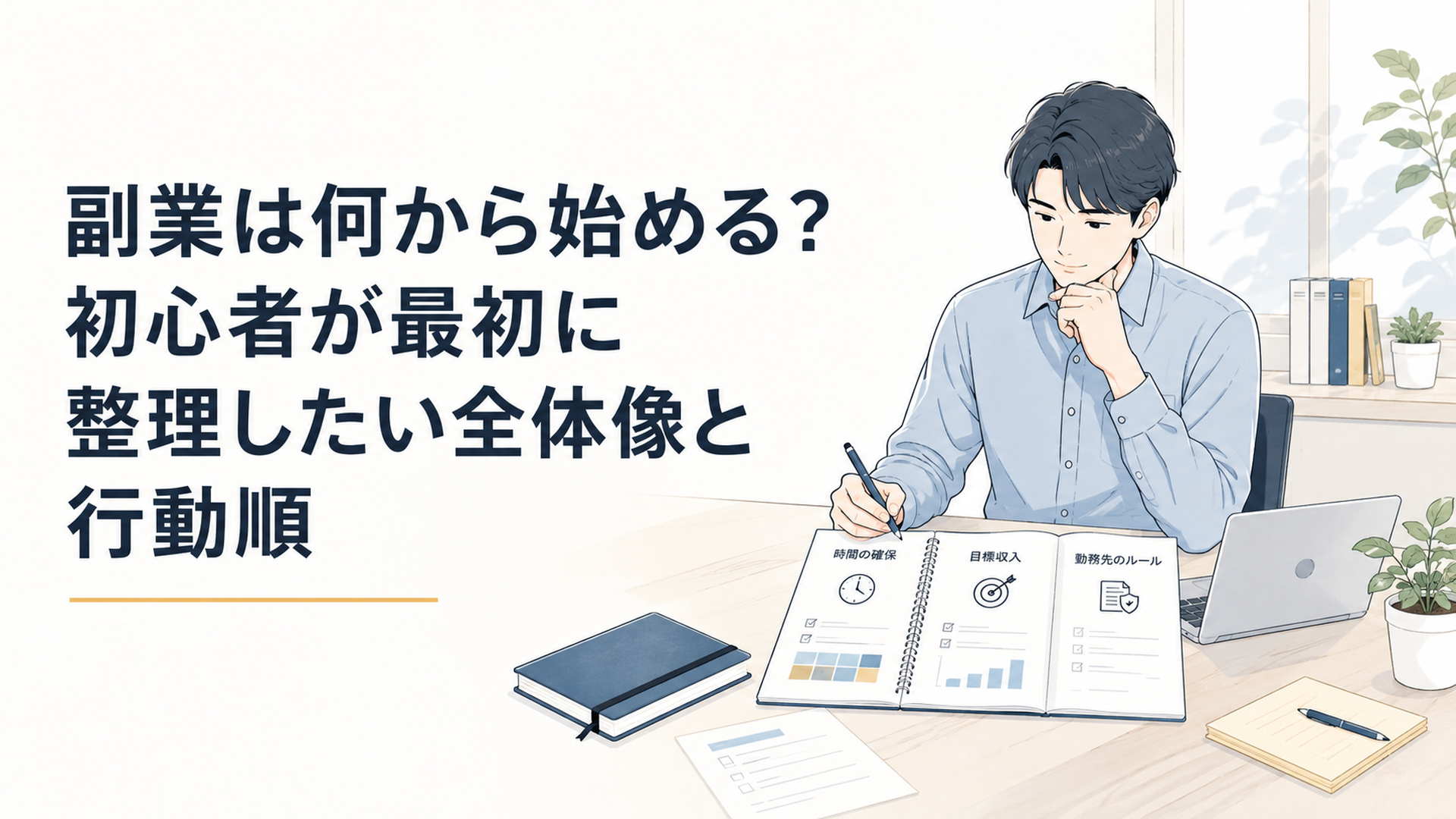 ノートパソコンと手帳を前に、会社員が副業の時間、目標収入、勤務先ルールを整理している落ち着いた机