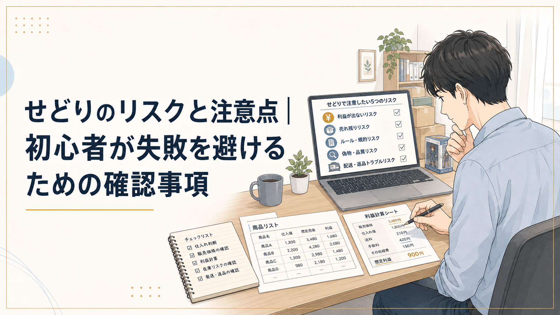 自宅のデスクで商品リストと利益計算表を広げ、せどりの5大リスクを慎重に確認している初心者