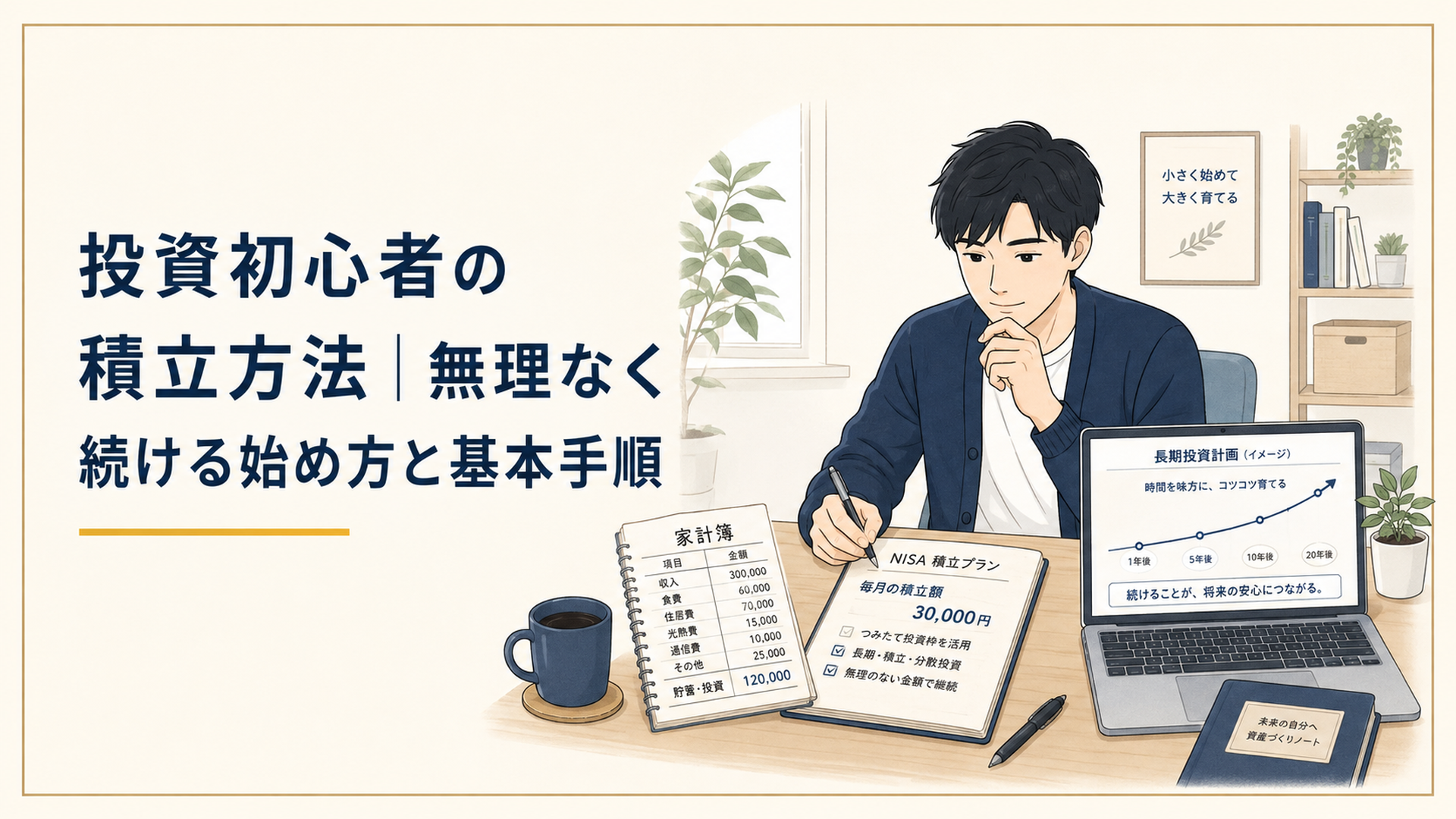 自宅の机で家計簿とノートパソコンを見ながらNISAの積立額と長期投資計画を整理する投資初心者