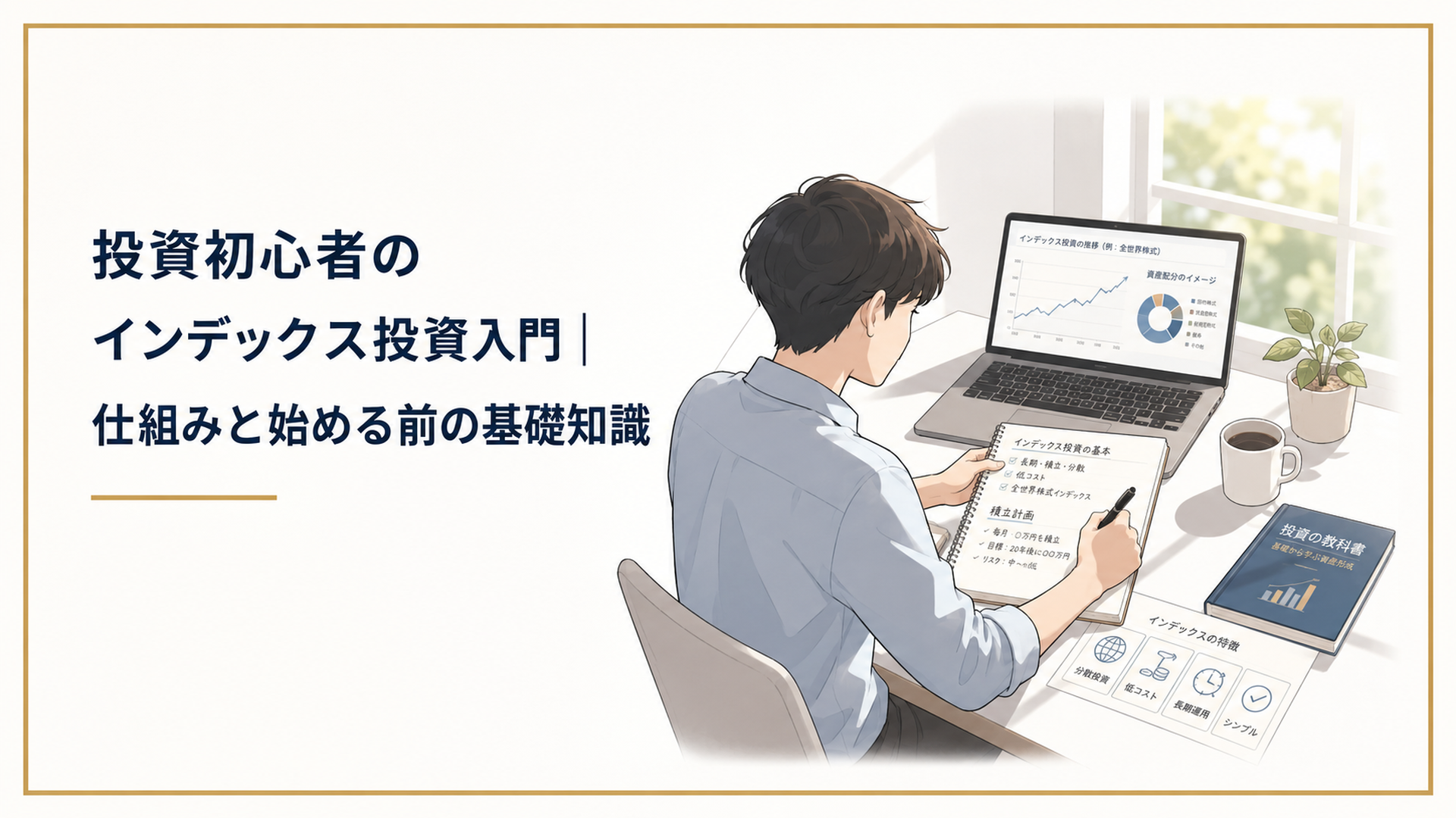 自然光の入る静かな机で投資初心者がインデックス投資の指数と積立計画をノートに整理している様子