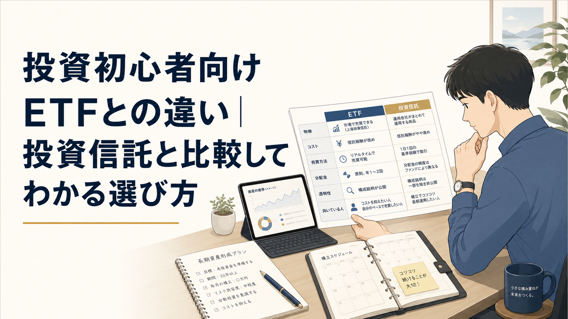 机の上でETFと投資信託の比較表を確認しながら初心者が長期の資産形成プランを整理している場面