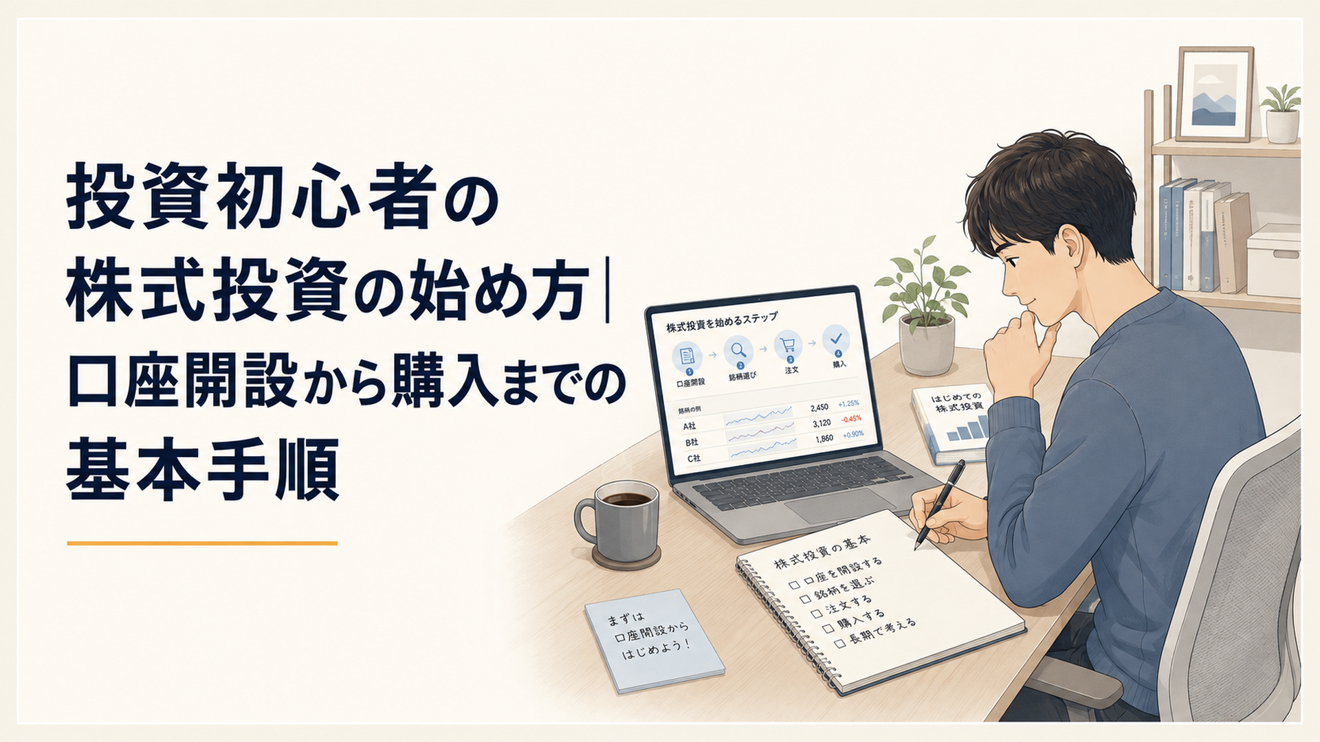 自宅の机でノートとパソコンを使いながら株式投資の始め方を学ぶ初心者