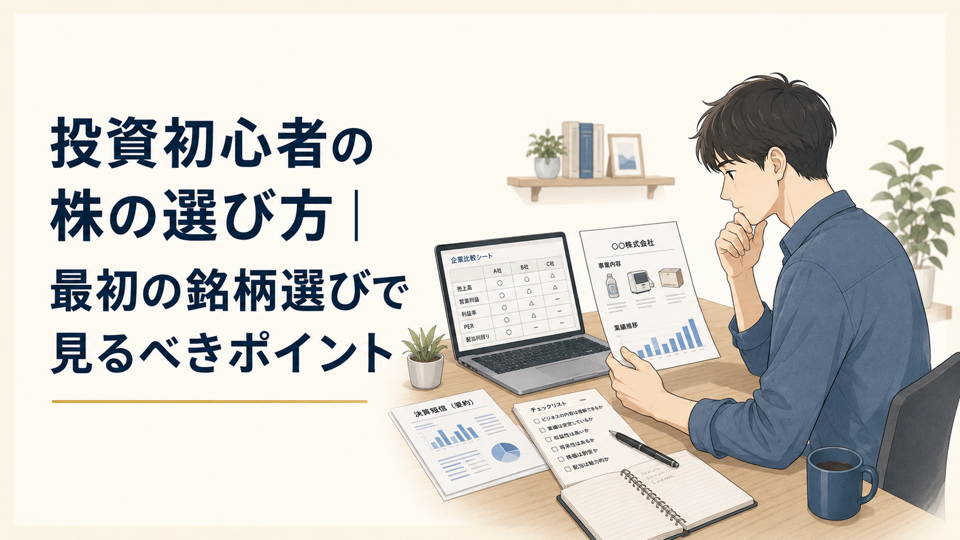 企業の商品や決算資料を見比べながら初めて買う株を慎重に選ぶ投資初心者