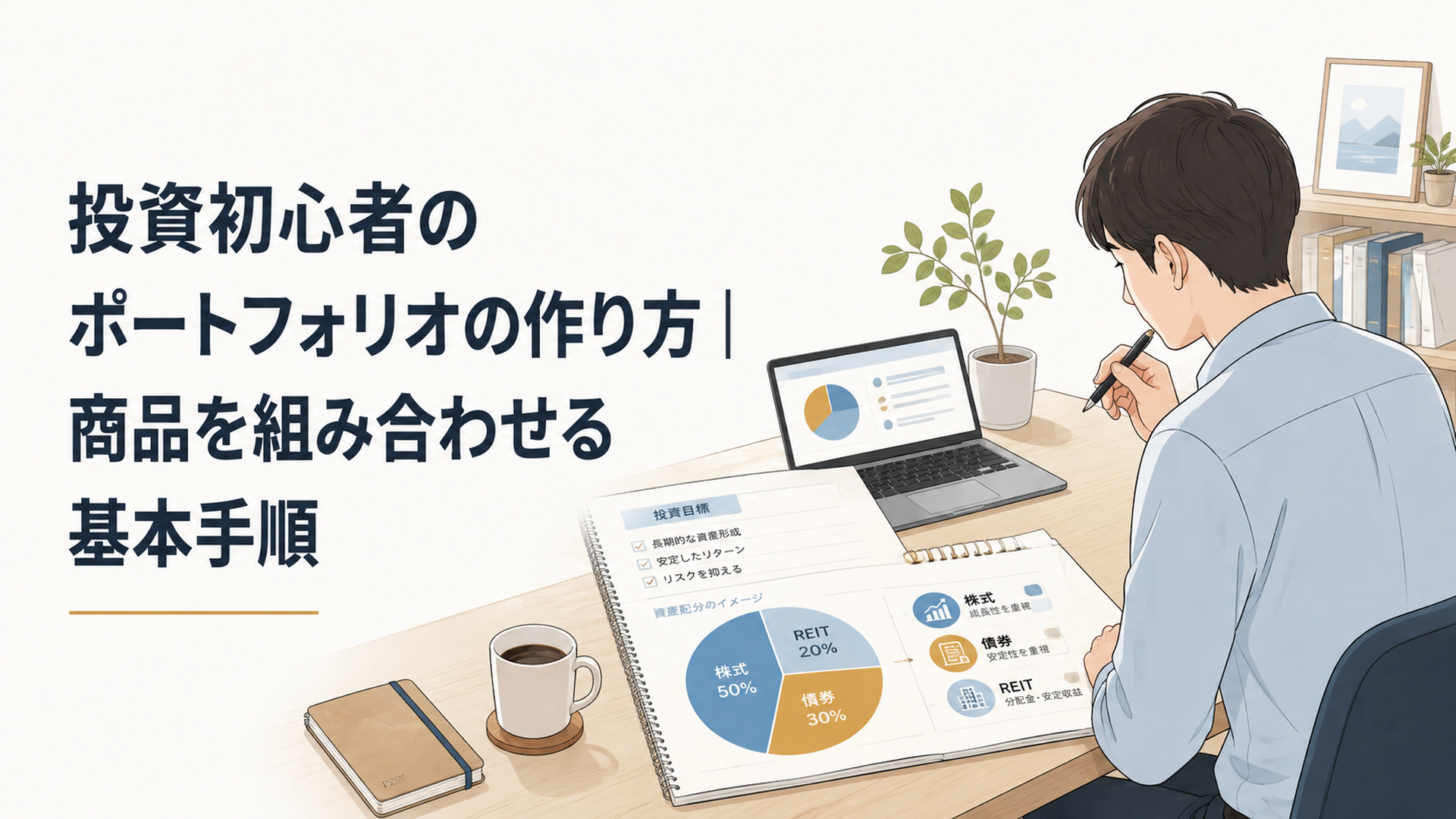 机の上で投資目標と株式・債券・REITの資産配分を整理する初心者