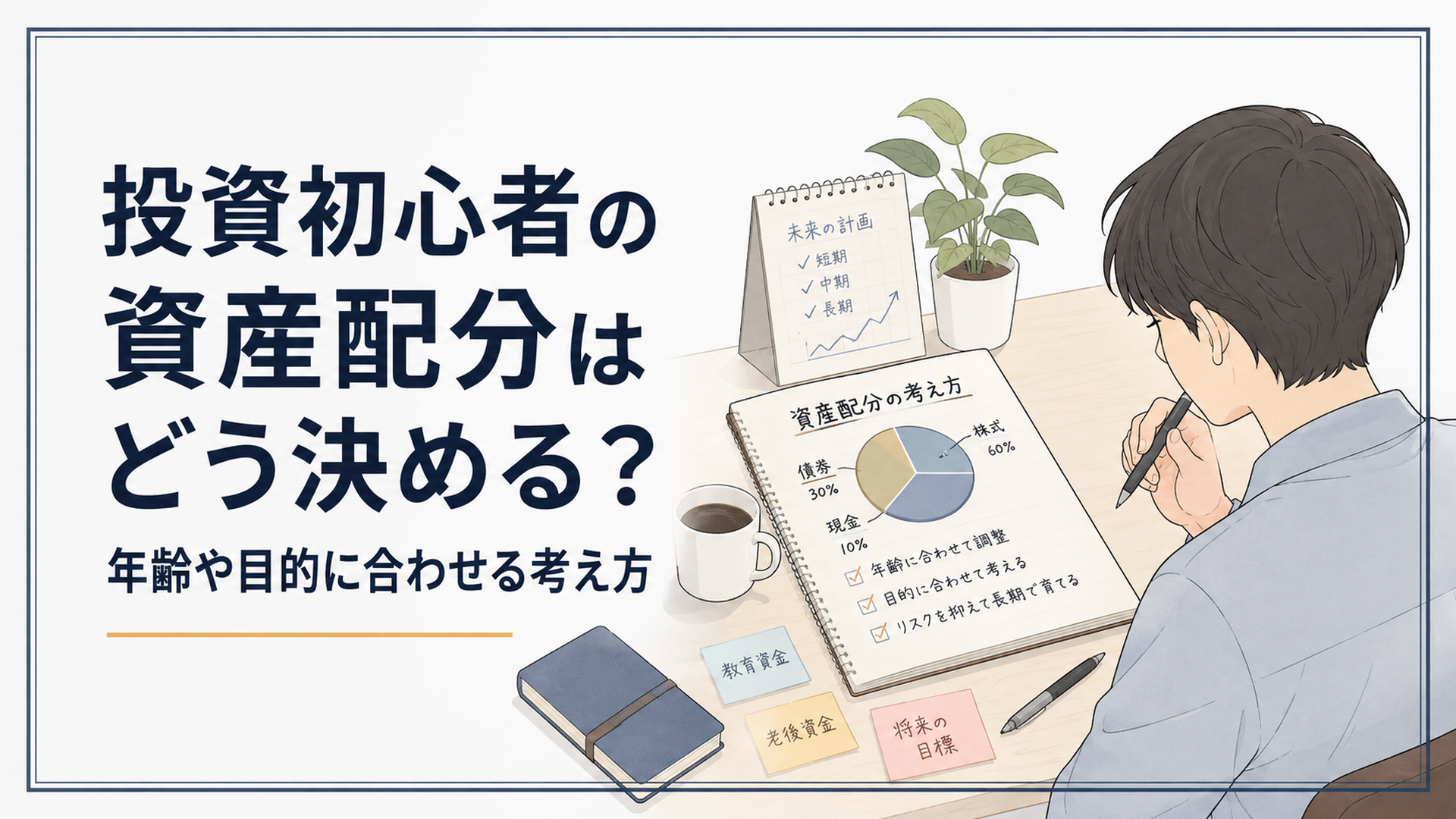 机の上に株式・債券・現金の資産配分を書いたノートがあり将来の計画を考える投資初心者