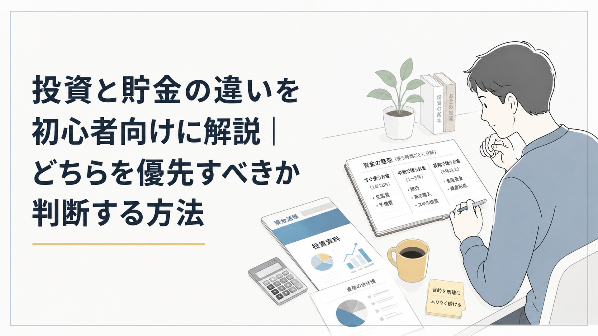 預金通帳と投資資料を机に並べ、使う時期ごとに資金を整理する投資初心者