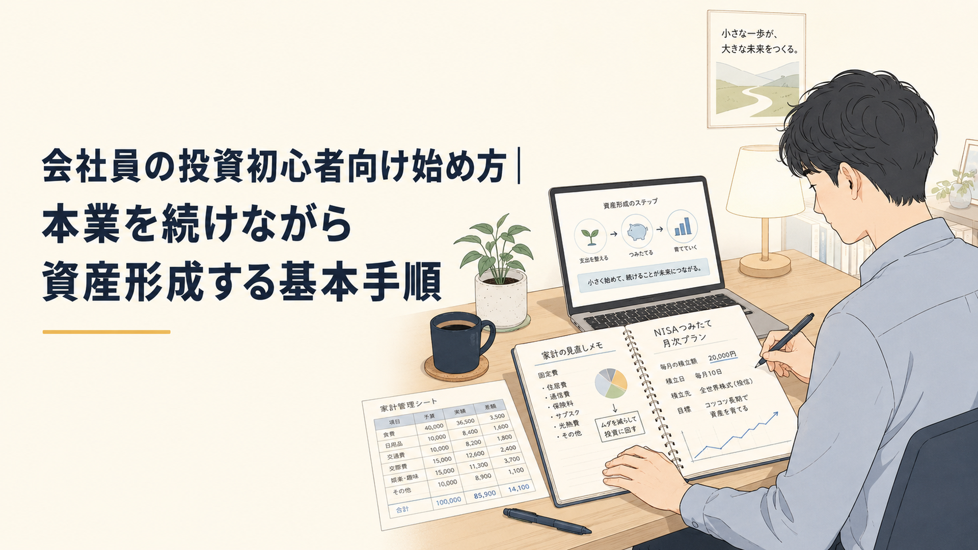 仕事を終えた会社員が自宅の机で家計簿とNISAの積立計画をノートに整理している場面