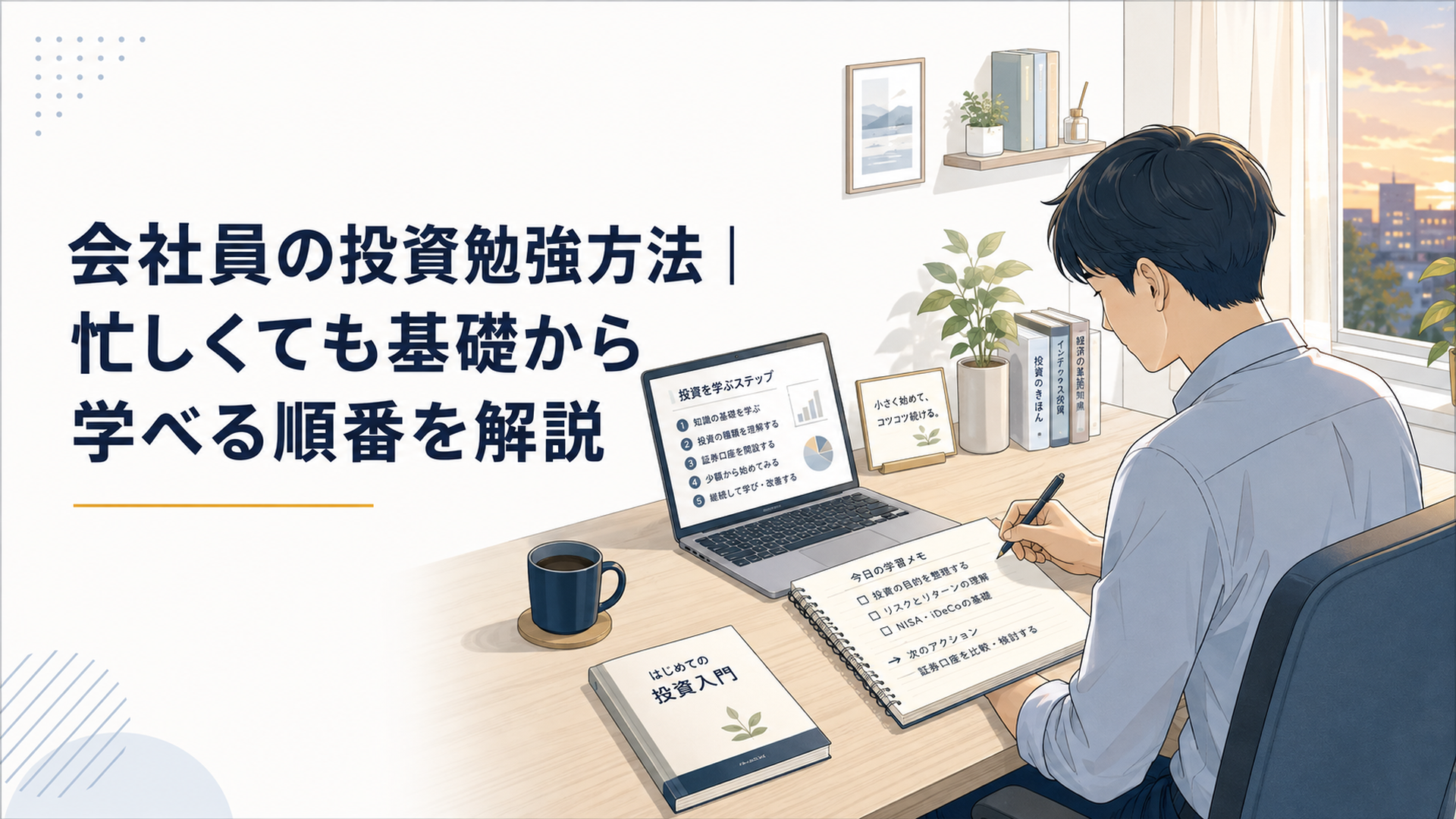 仕事を終えた会社員が自然光の入る静かな自宅の机で投資の学習順をノートに整理している風景