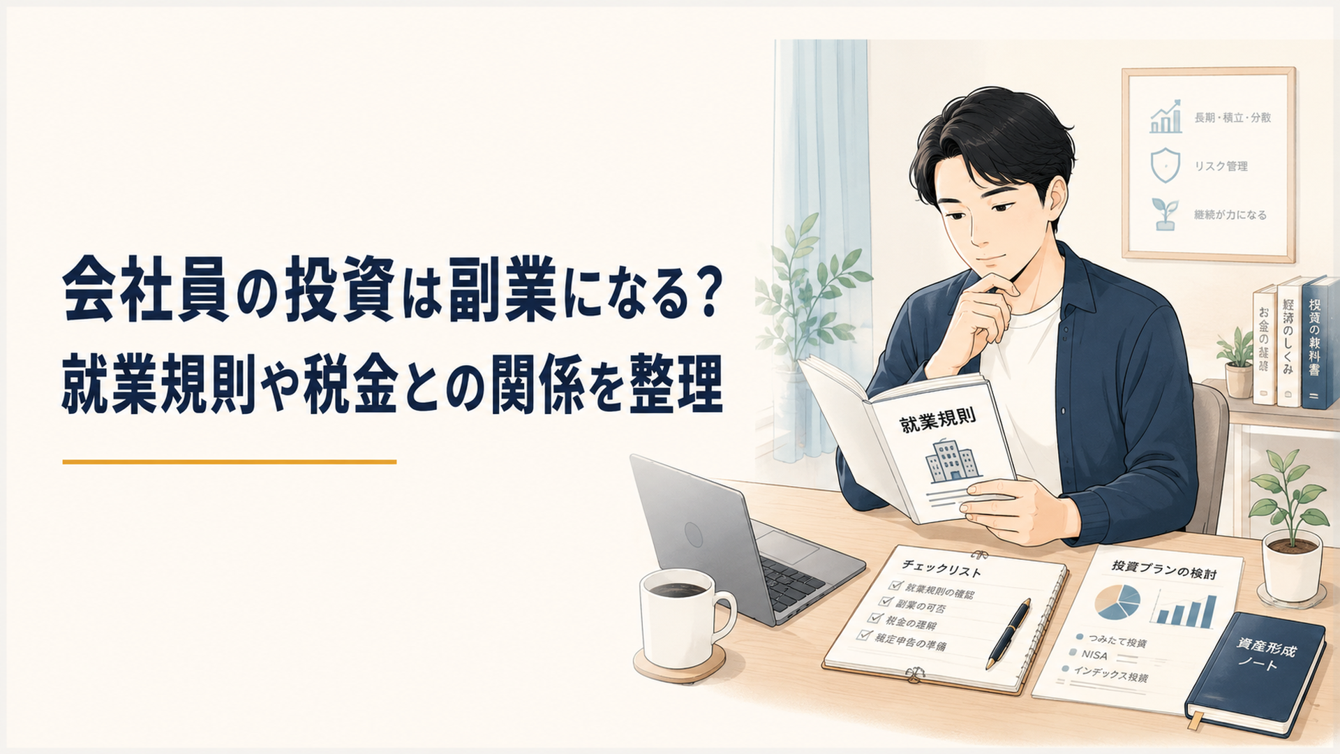 会社員が自宅の机で就業規則と投資資料を確認しながら資産形成について考えている落ち着いた場面