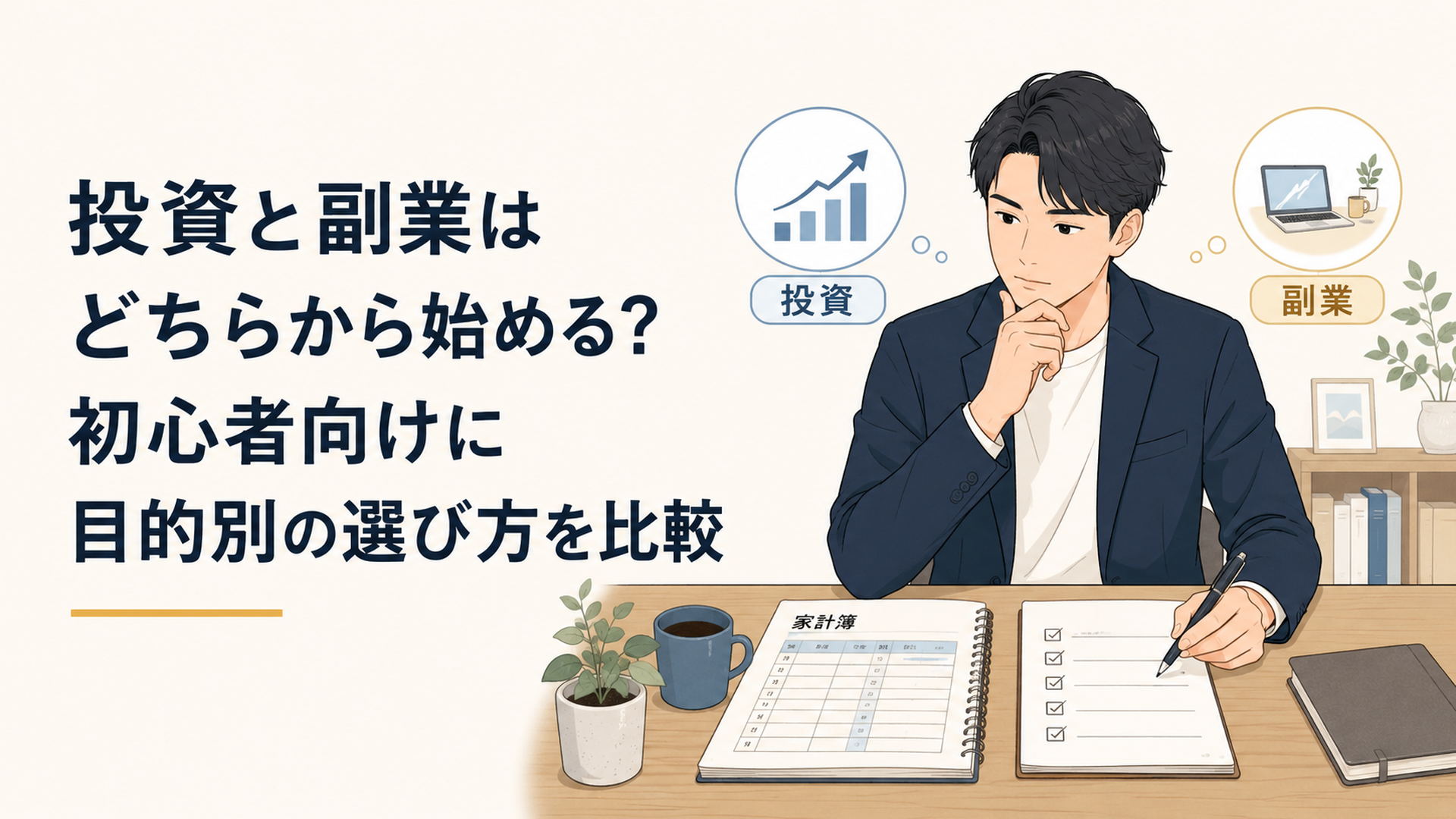 家計簿とノートを前に投資と副業の二つの選択肢を比較する会社員