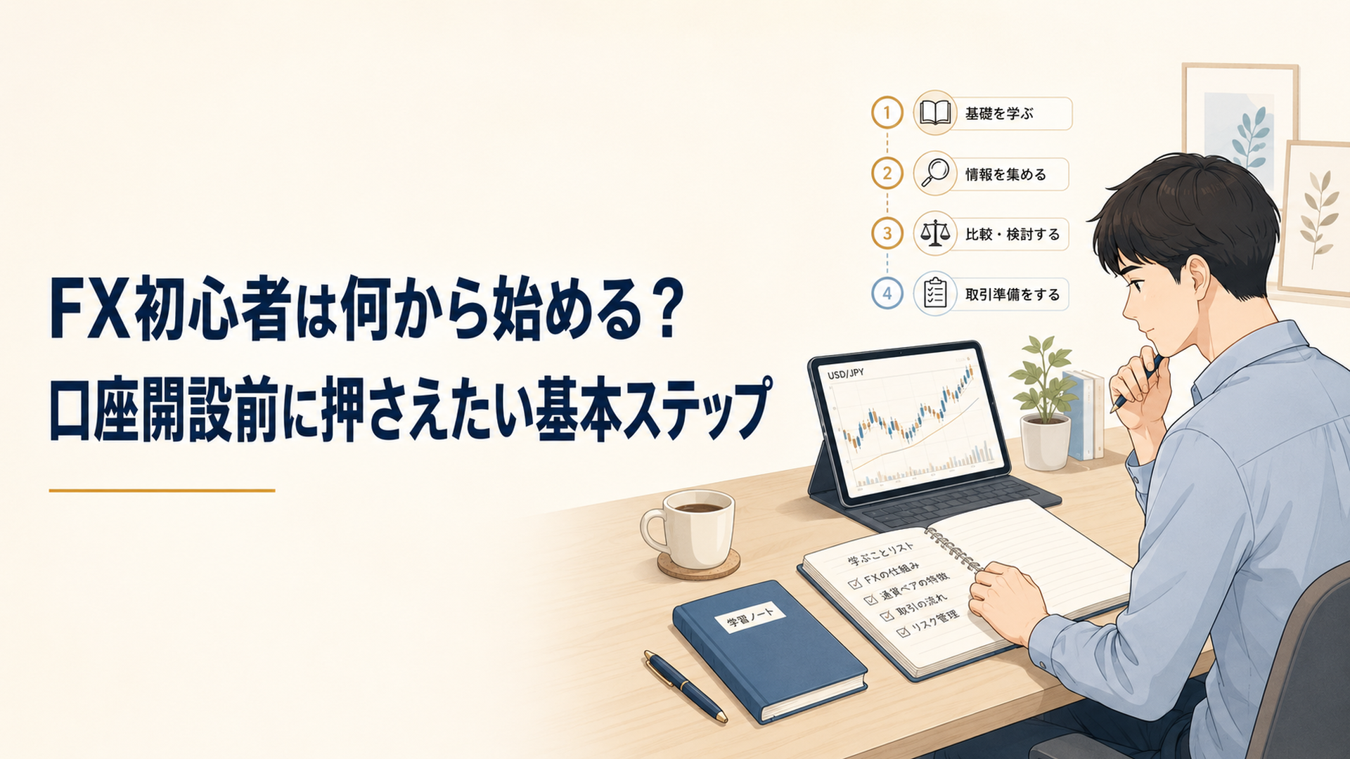 FX初心者がノートと為替チャートを見ながら口座開設前の基本ステップを整理している様子