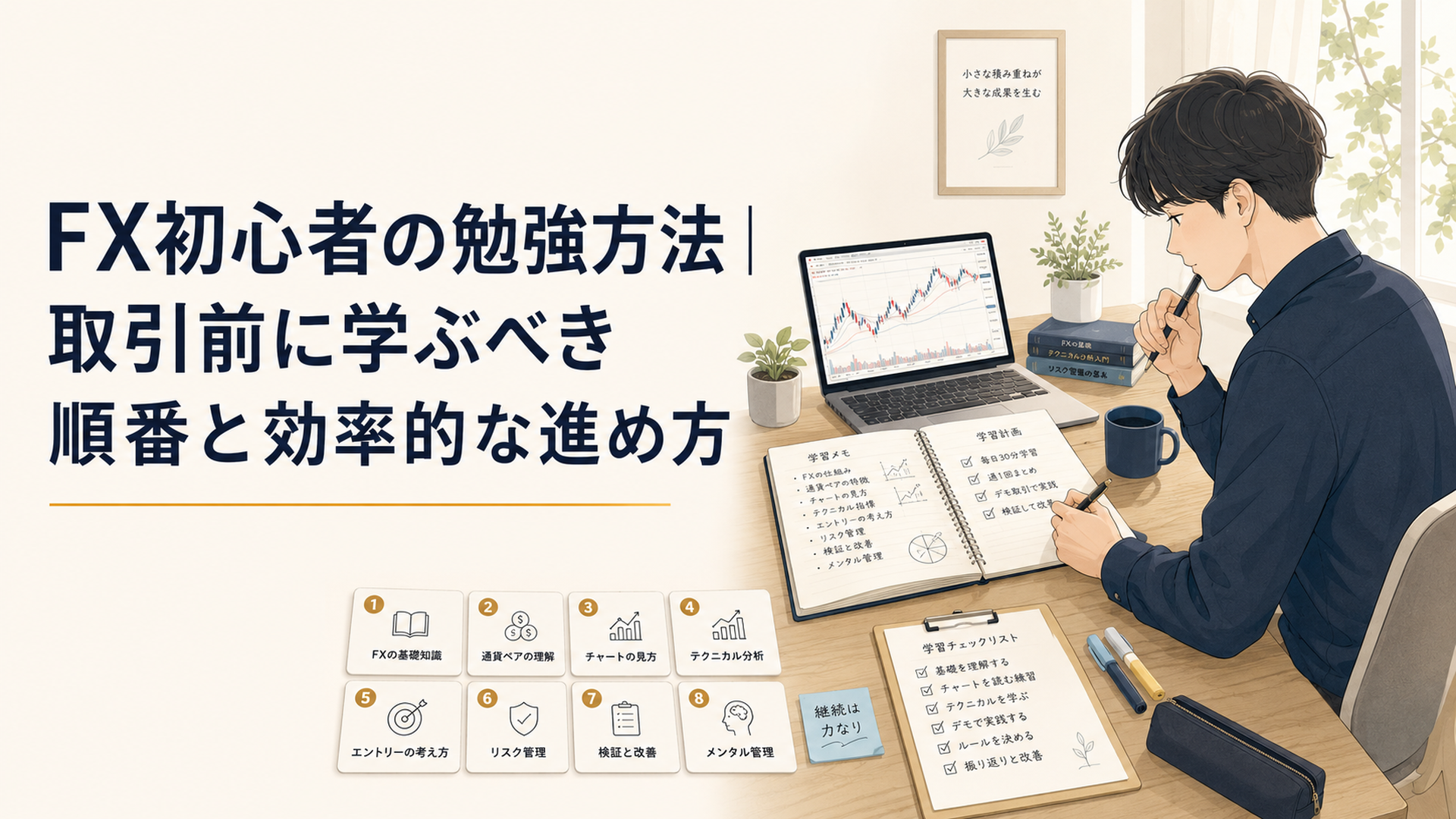 自然光の机でFXチャートとノートを見ながら8つの学習ステップと学習計画を整理する初心者