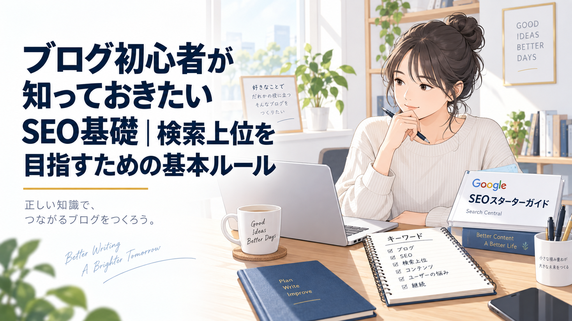 自然光の入る静かな自宅デスクでGoogleのSEOスターターガイドとキーワードを書いたノートを確認するブログ初心者
