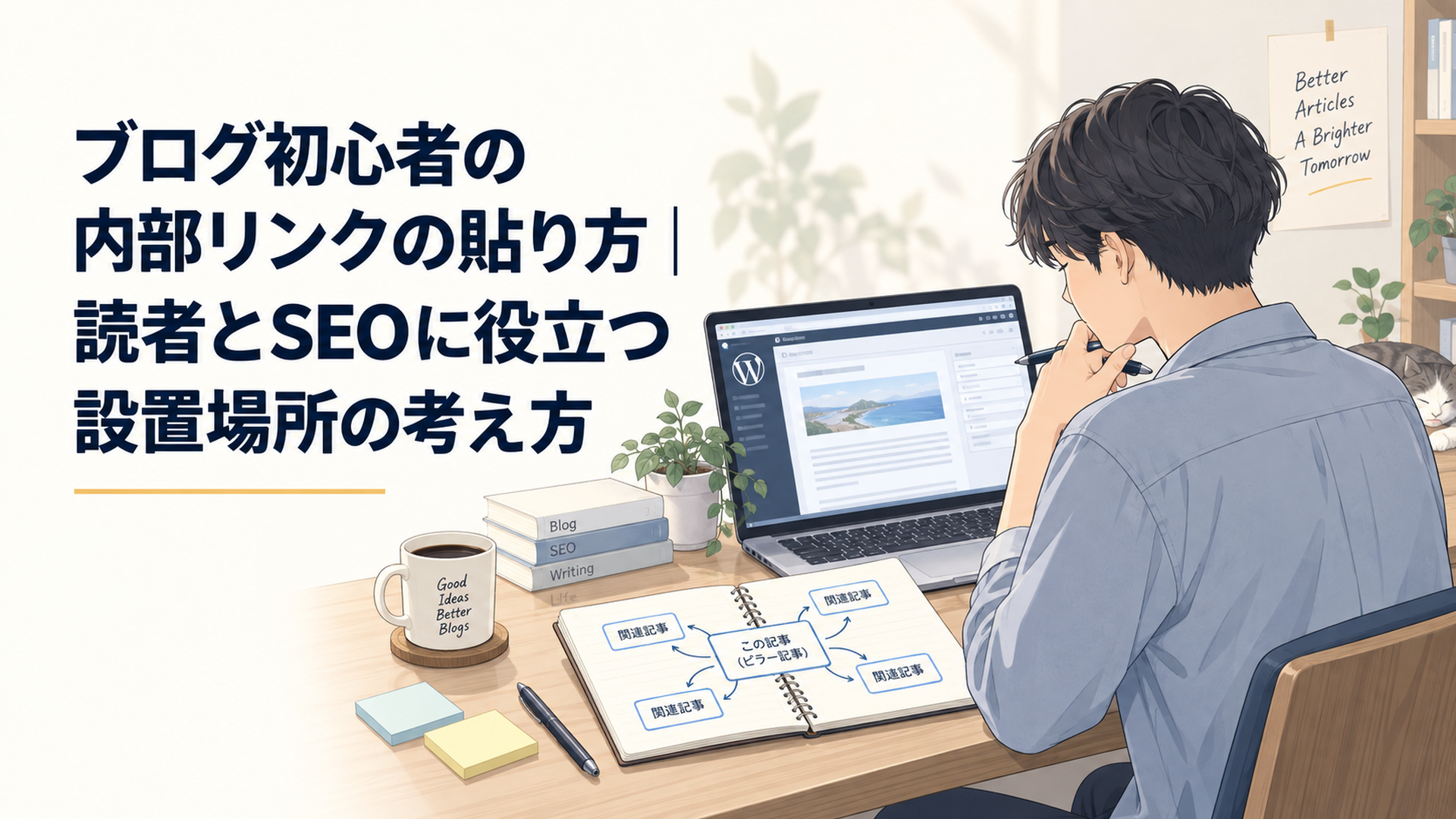 ノートパソコンでWordPress記事を編集しながら中心記事と関連記事のつながりをノートに整理する初心者ブロガー