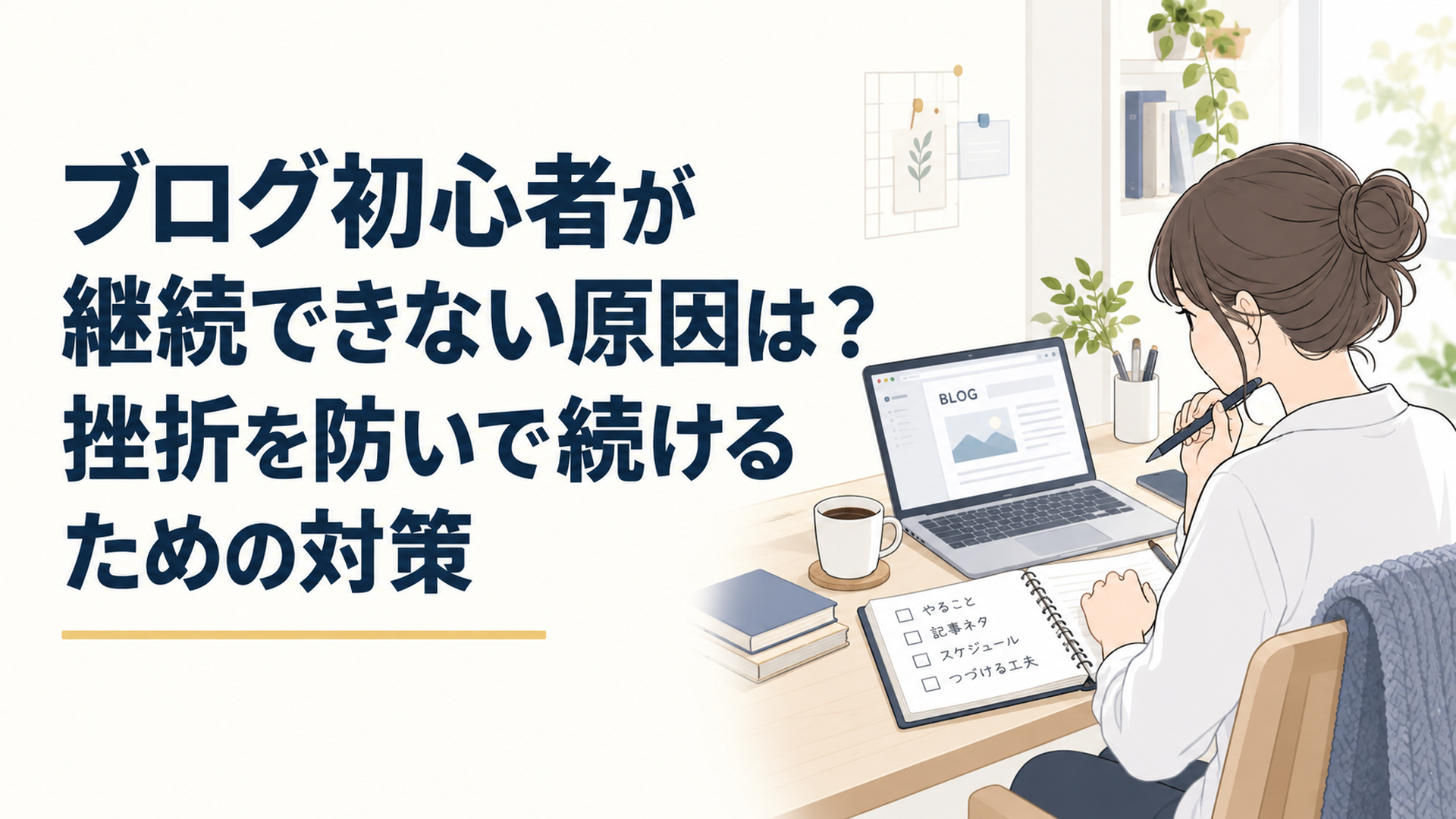 静かな自宅デスクでノートパソコンと手帳を前にブログの継続計画を整理する初心者