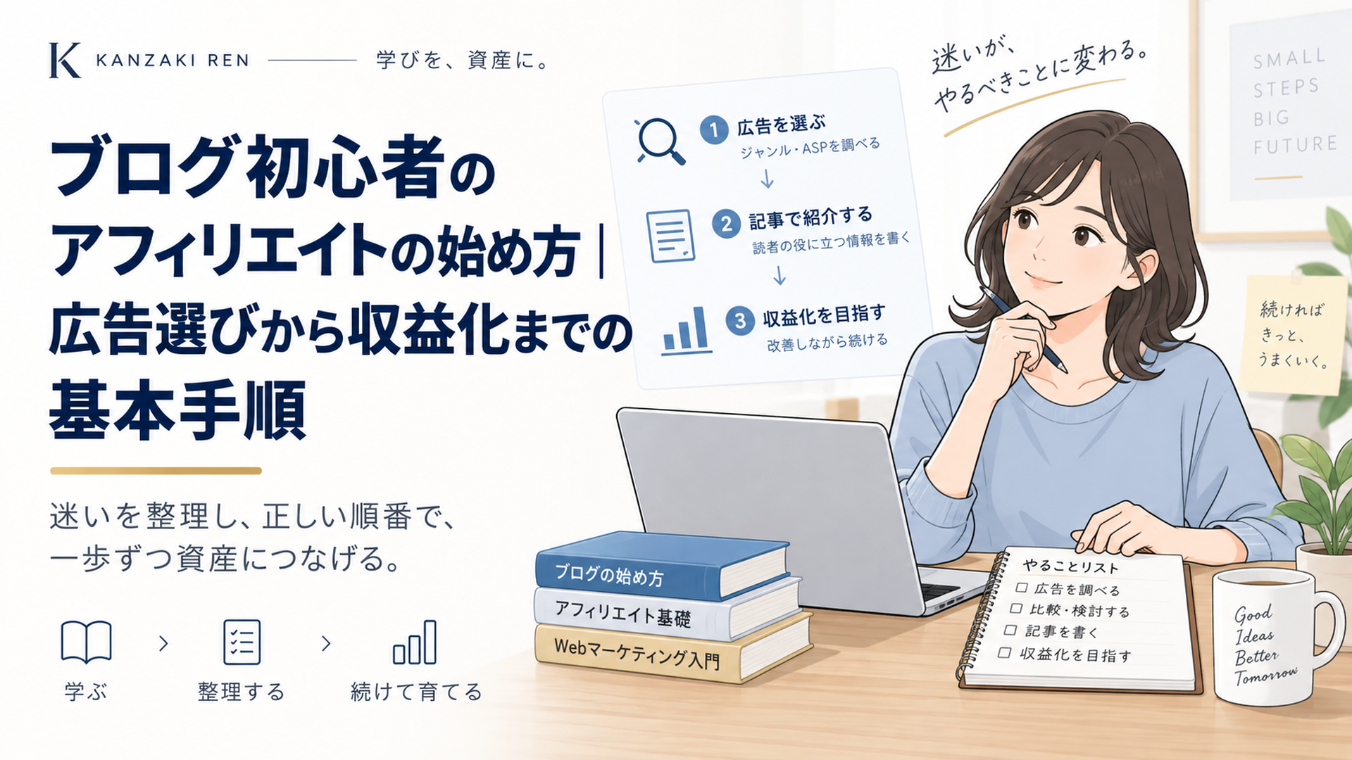 ノートパソコンとノートを前に、ブログの広告選びと収益化までの流れを整理する初心者