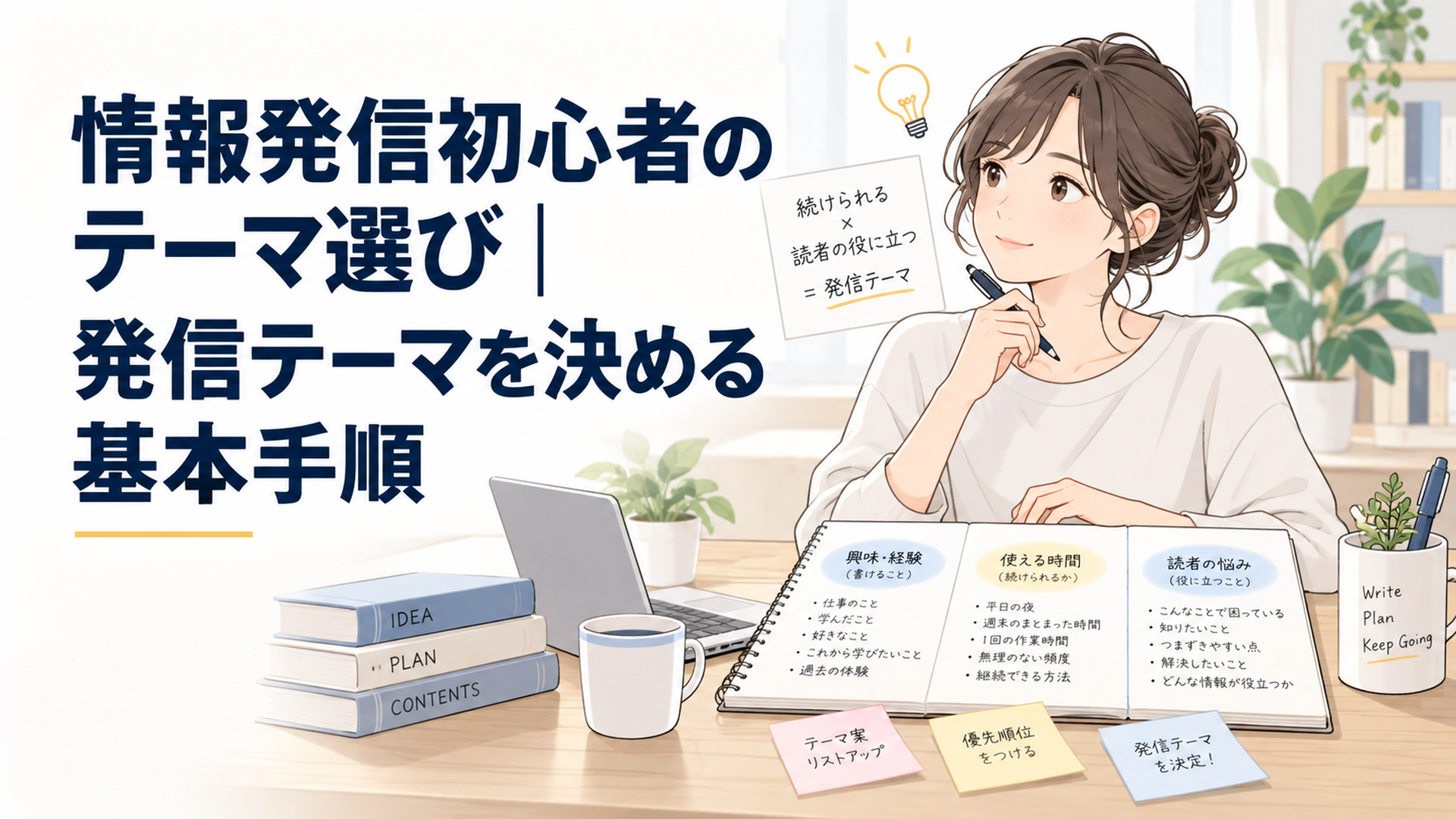 ノートに発信テーマ候補を書き出し、時間を使える分野と読者の悩みを整理している静かなデスク