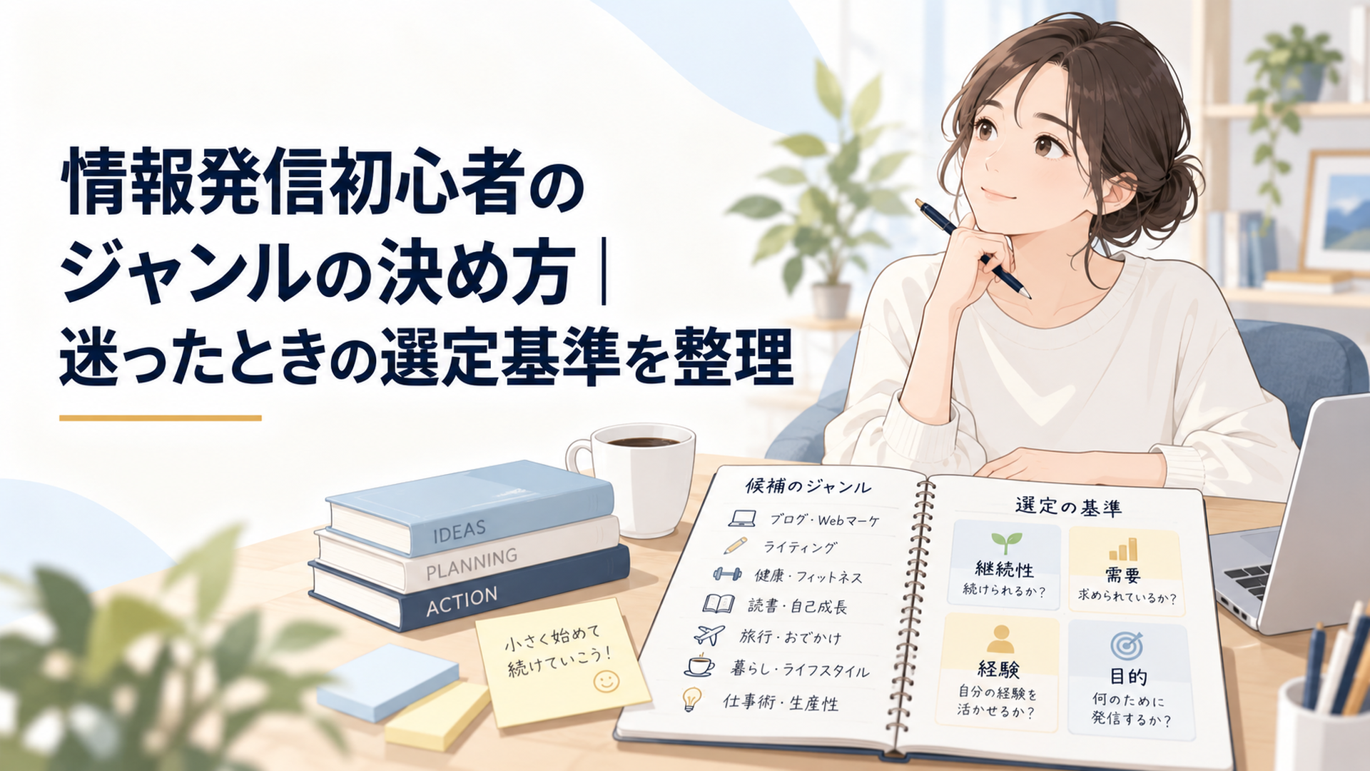 情報発信ジャンルの候補を書いたノートを前に、継続性・需要・経験・目的の4基準で静かに整理しているデスク
