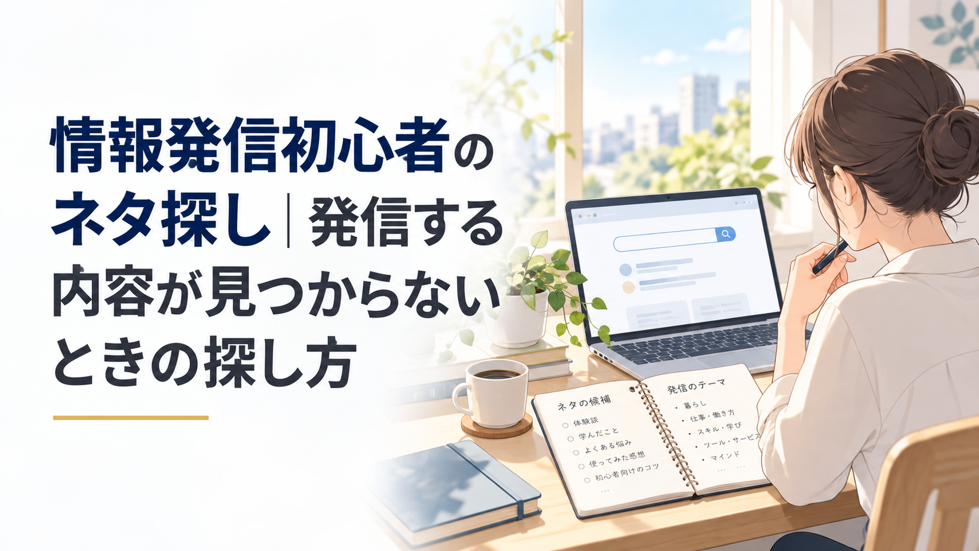 朝の自然光が差し込む静かなデスクで検索画面とノートを見ながら情報発信のネタ候補を整理している様子
